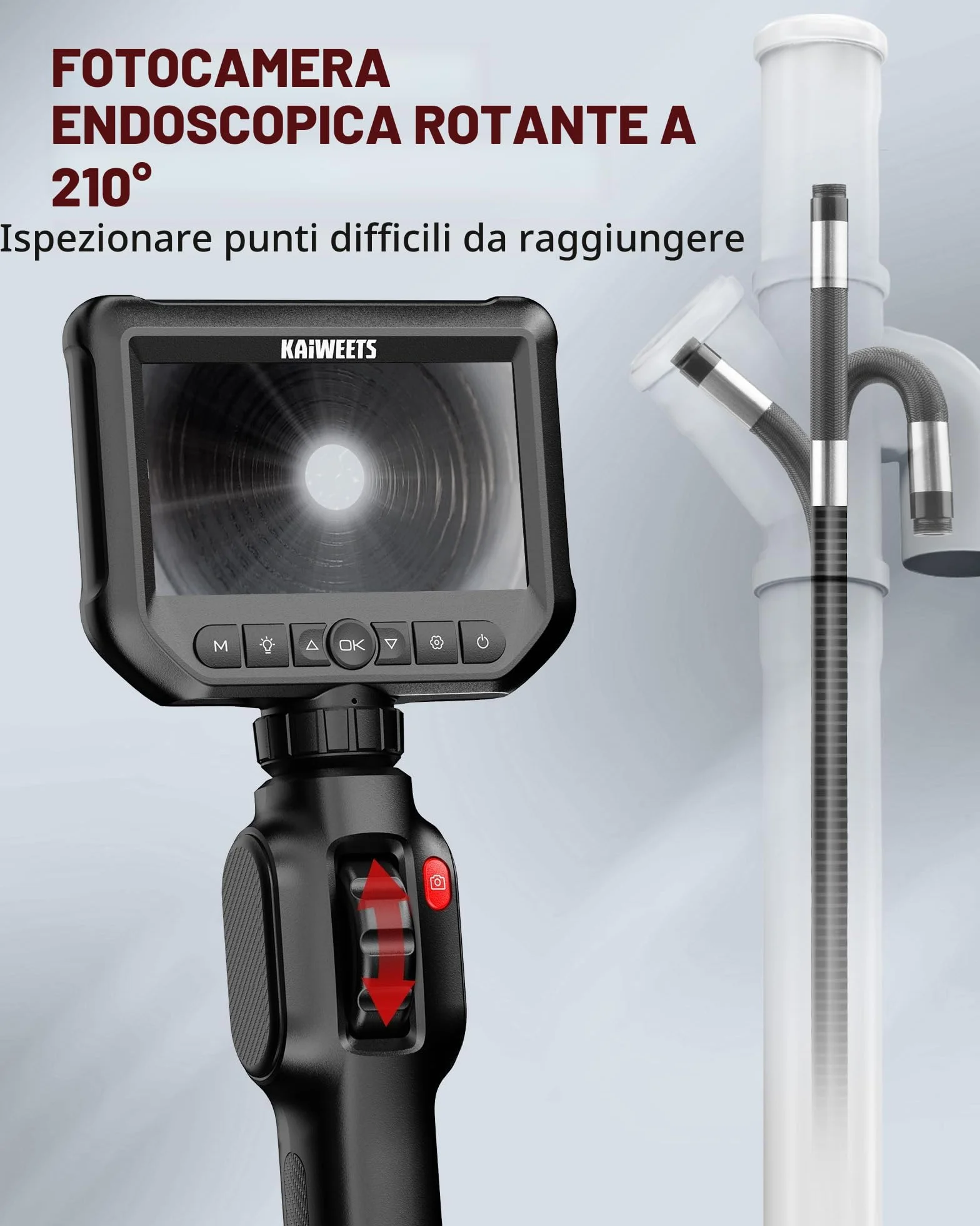 KAIWEETS Telecamera Endoscopica 4.3'' IPS 1080P con Controllo a Rotella Rotazione Bidirezionale 210° Impermeabile IP67 Flessibile Endoscopio