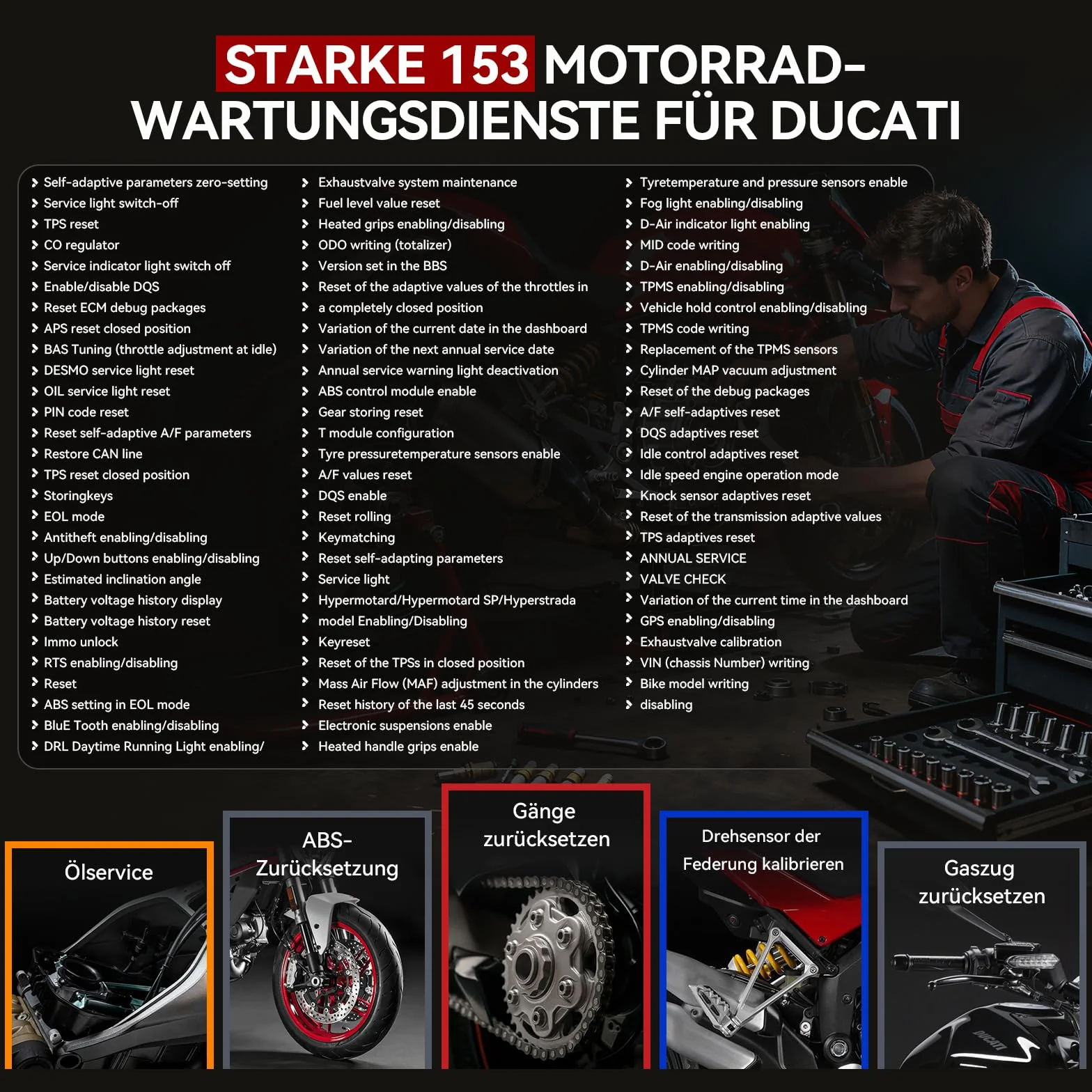 iCarsoft MT V6 Strumento di Diagnosi per Moto Ducati, Scanner OBD2 Completo, 153 Servizi Manutenzione, 112 Test Attuatori, Test Batteria