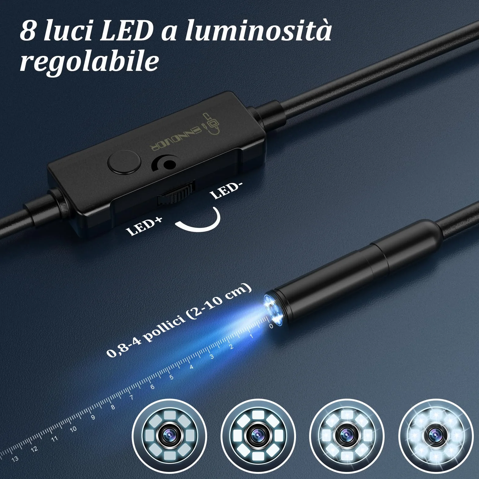 Endoscopio per Smartphone 1920P HD IP67 Sonda Impermeabile 8 LED Cavo Semirigido 10 m Android iOS