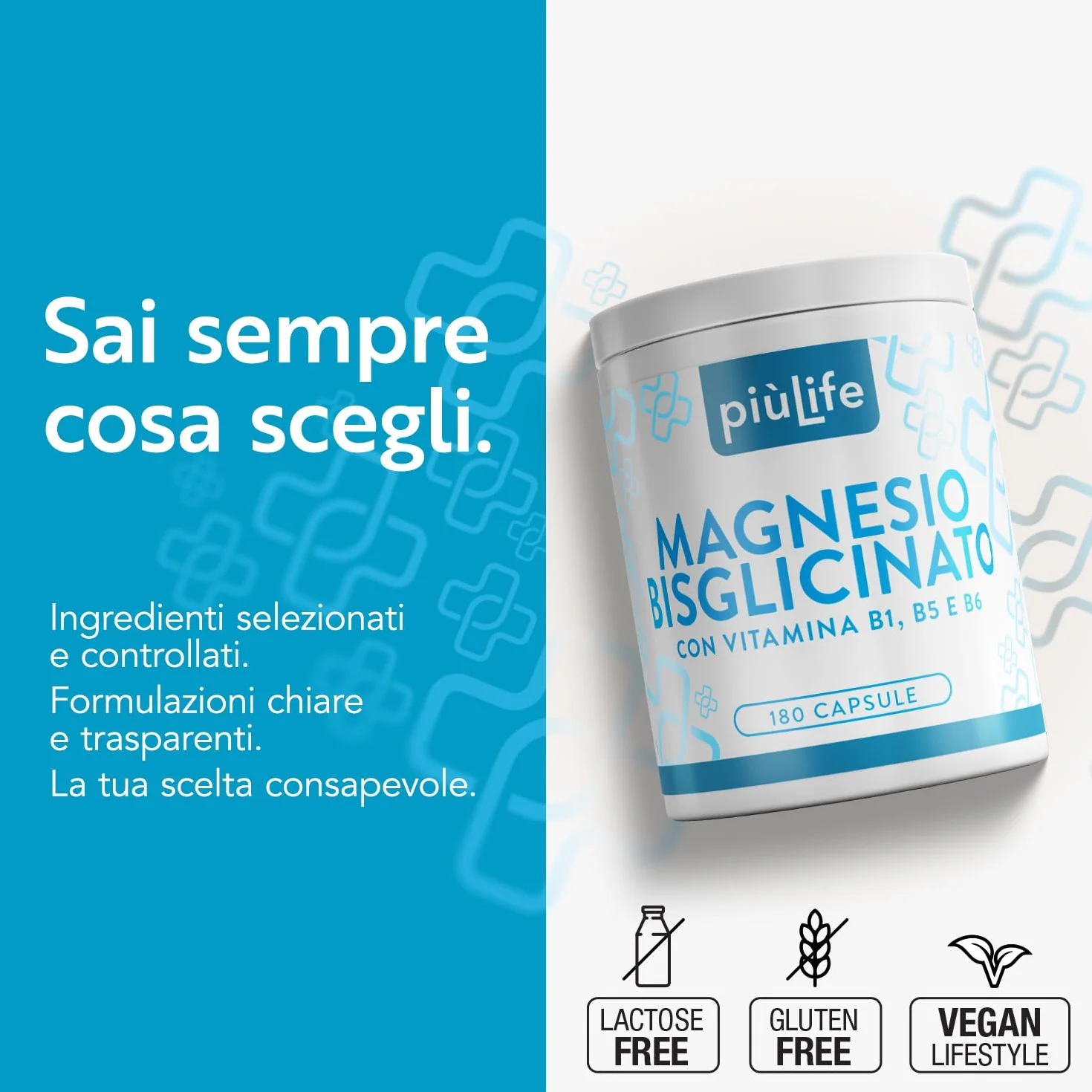 PiùLife Magnesio Bisglicinato 300mg con Vitamina B6 B1 B5 Integratore Alta Biodisponibilità per Muscoli Ossa Sistema Nervoso Stress