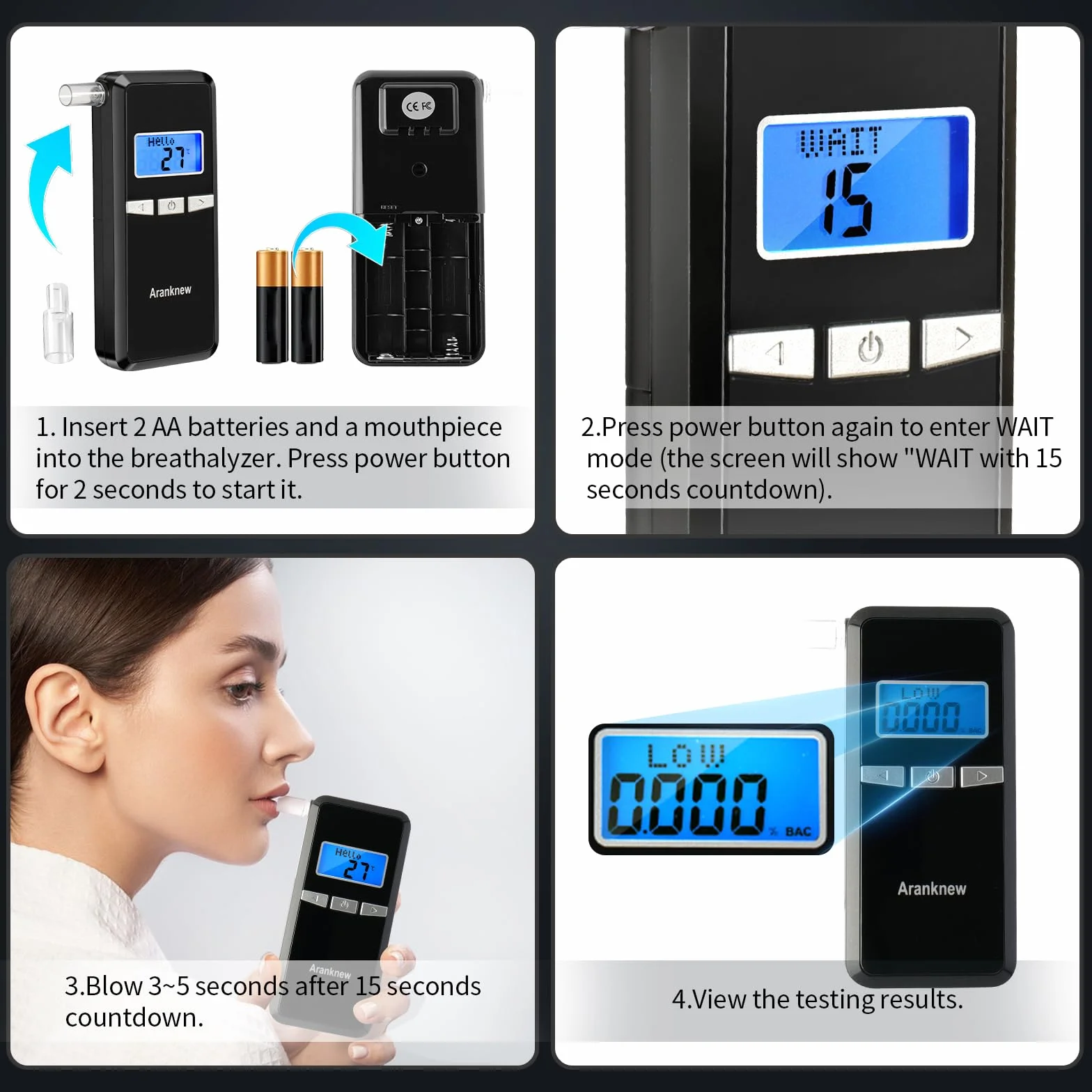 Etilometro Portatile Certificato, Alcol Tester Portatile con Display LCD Blu Digitale per Uso Personale e Professionale con 20 Bocchini, Misurazione Rapida a Semiconduttore