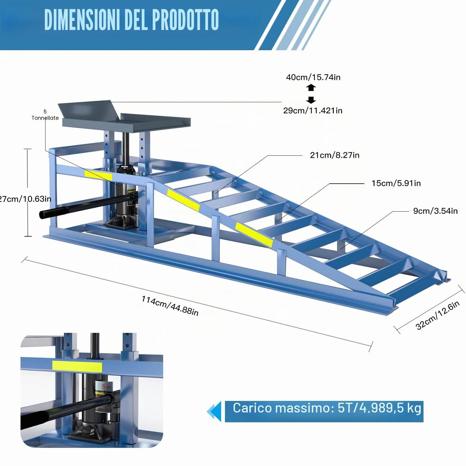 2 pezzi rampe di carico da 5 T/5000 kg, rampe di carico pesanti, rampa per cambio olio idraulico con strisce riflettenti integrate per la notte, altezza di sollevamento regolabile da 24,9 a 38,1 cm
