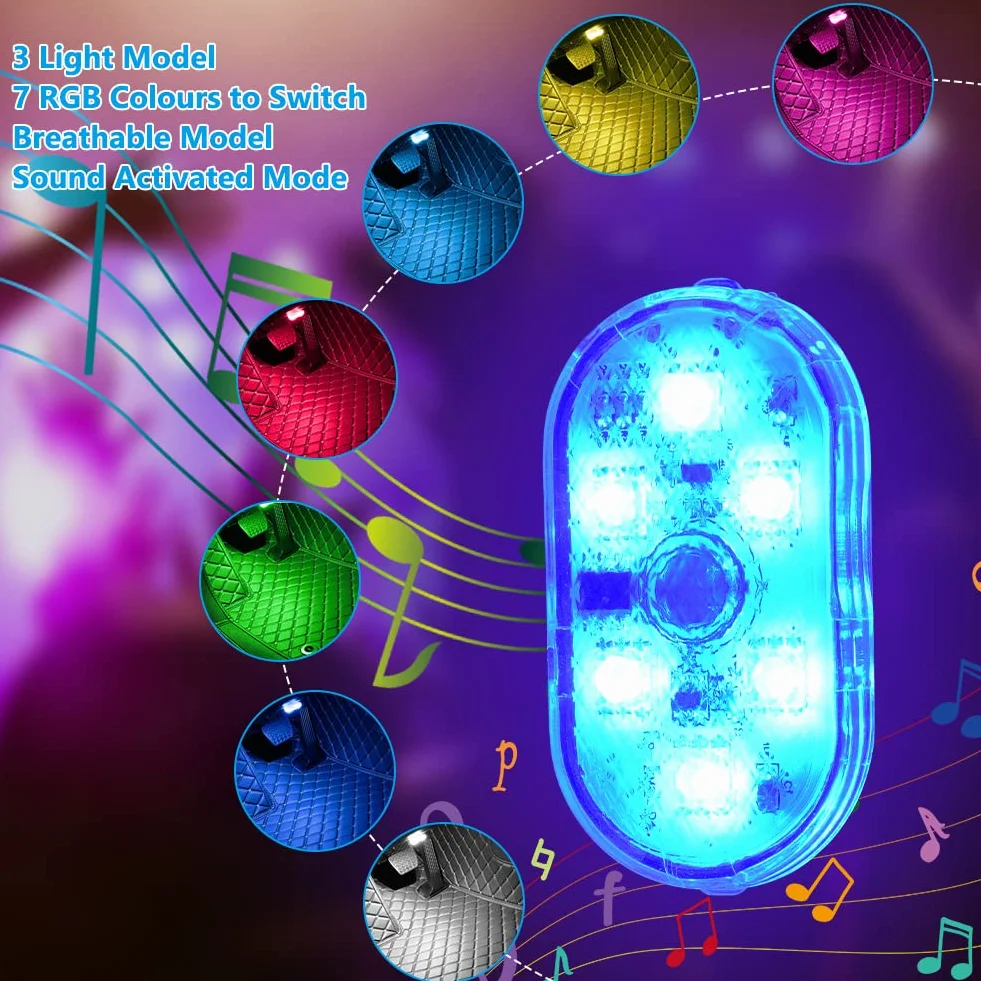 LED Luci per Auto Interni 2 Pezzi 7 Colori RGB USB Ricaricabile con Interruttore Tattile