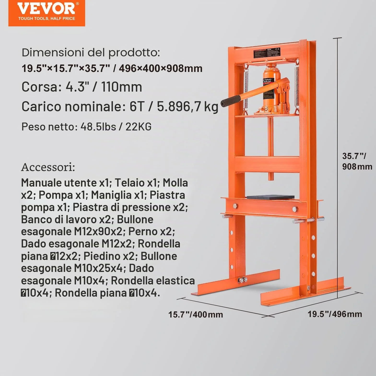 VEVOR Pressa Idraulica a Pavimento 6 Tonnellate Officina Manuale Corpo Acciaio Carbonio Altezza Regolabile 55-250 mm