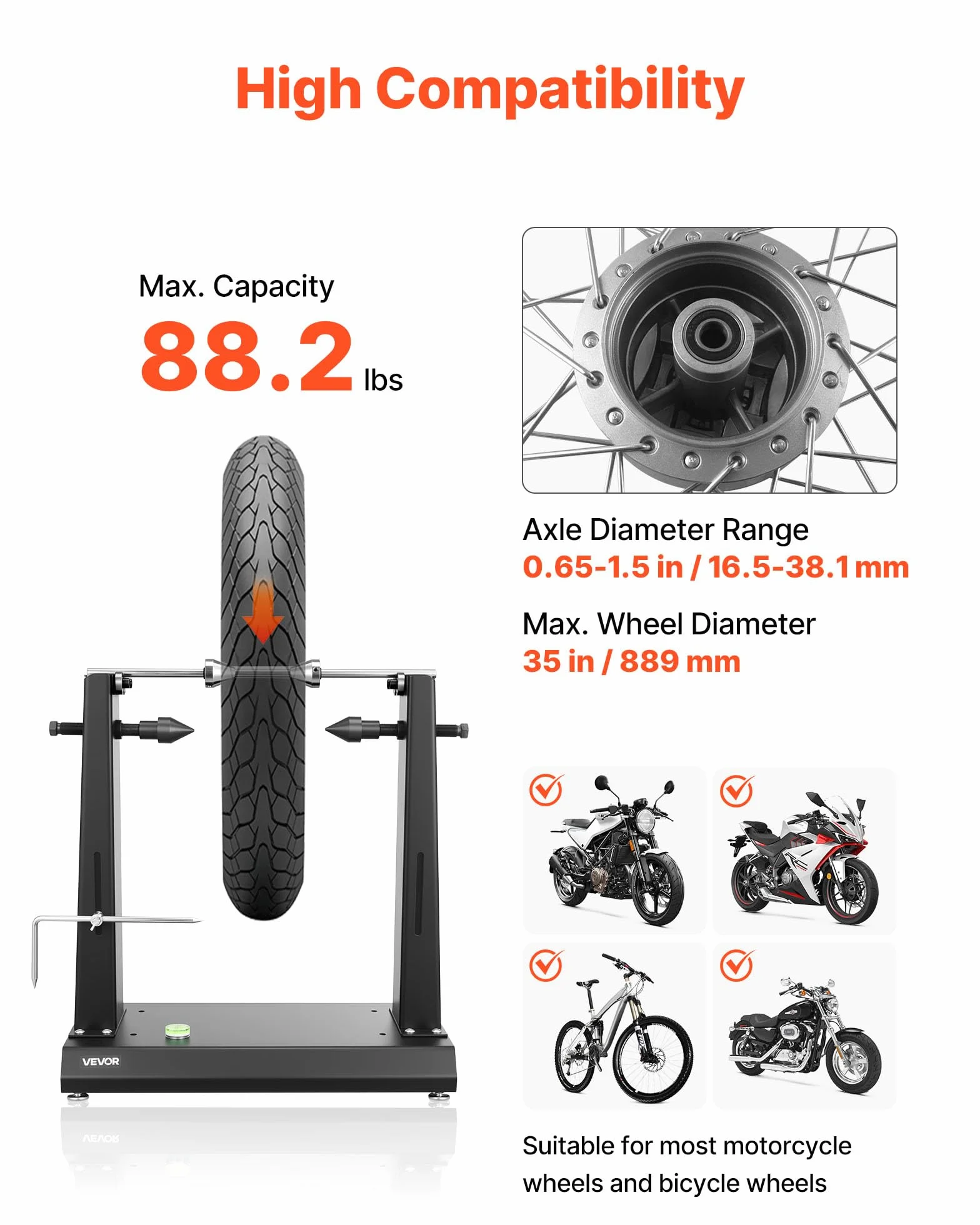 VEVOR Equilibratrice per Ruote Moto Biciclette, Equilibratore Cerchi con Coni Centraggio Regolabili, Diametro 889 mm 40 kg