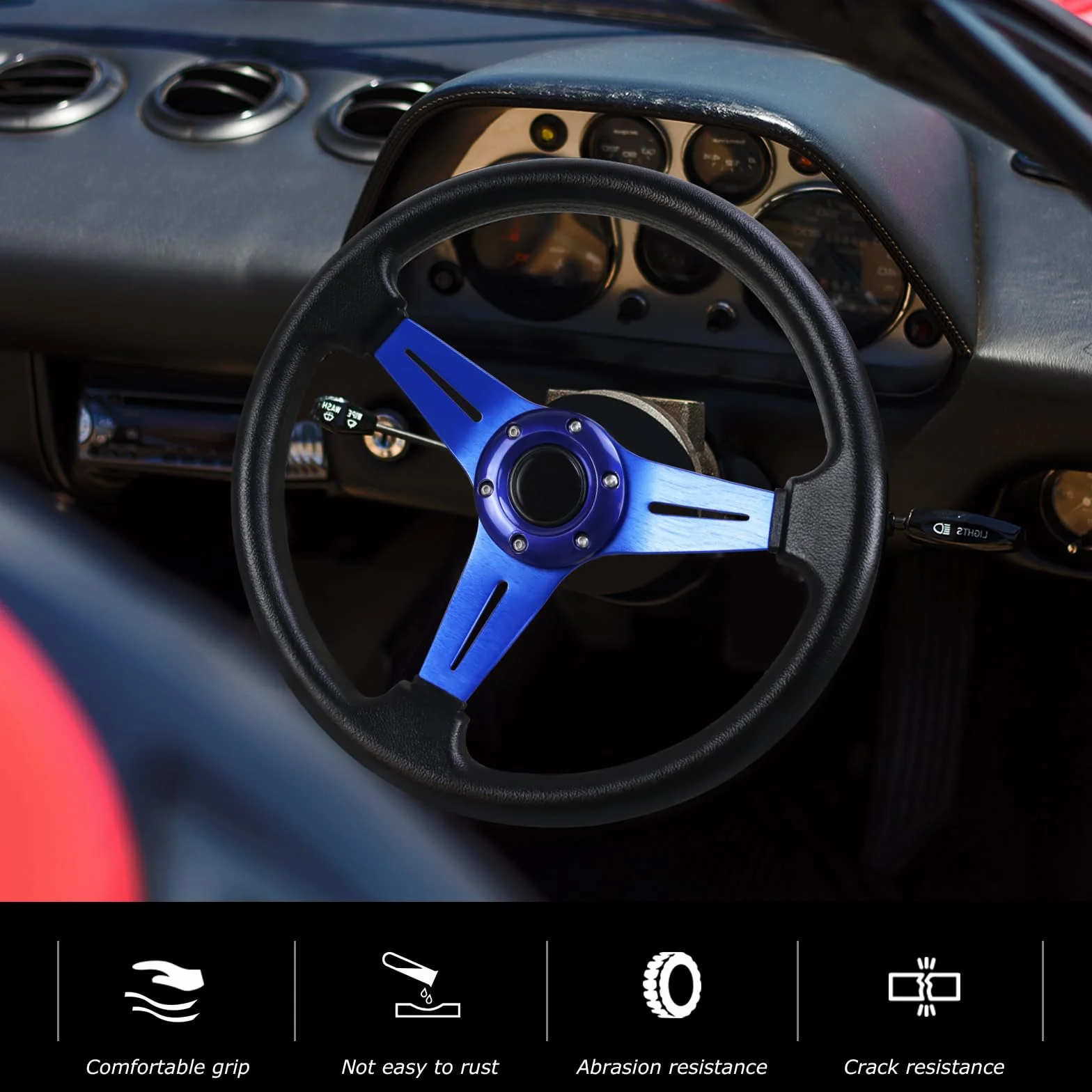 Universal Racing Lenkrad 13.6" 6 Schrauben Grip Vinyl Leder mit Hupe Taste für Rennen (Blau)