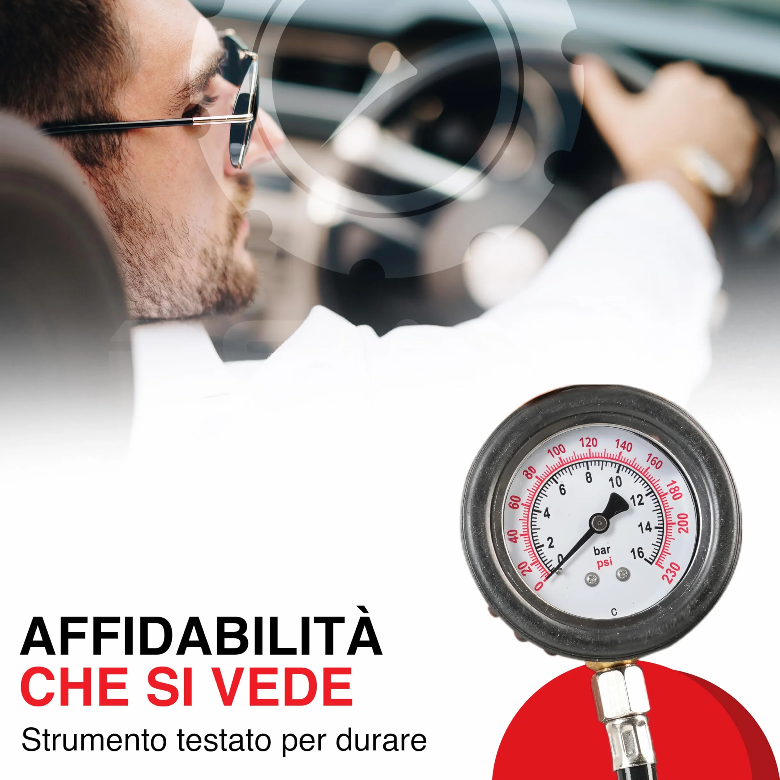 Manometro Pressione Gomme Professionale 46 cm, Misuratore Alta Precisione, Quadrante Analogico, Auto Moto