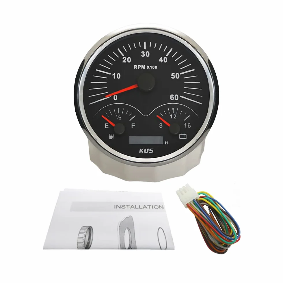 KUS Contagiri 3 in 1 calibro 110 mm 6000 giri/min con indicatore livello carburante voltmetro retroilluminato 12 V per trattori furgoni