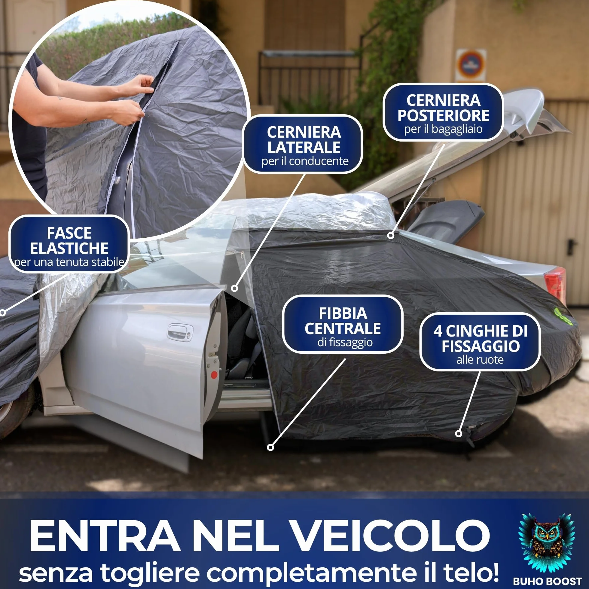Classic - Telo Auto 100% Impermeabile con Parasole Incluso - Telo Copriauto Da Esterno con 2 Zip Strategiche - Protezione Completa Pioggia/Neve/UV/Polvere - Misura Universale Auto SUV