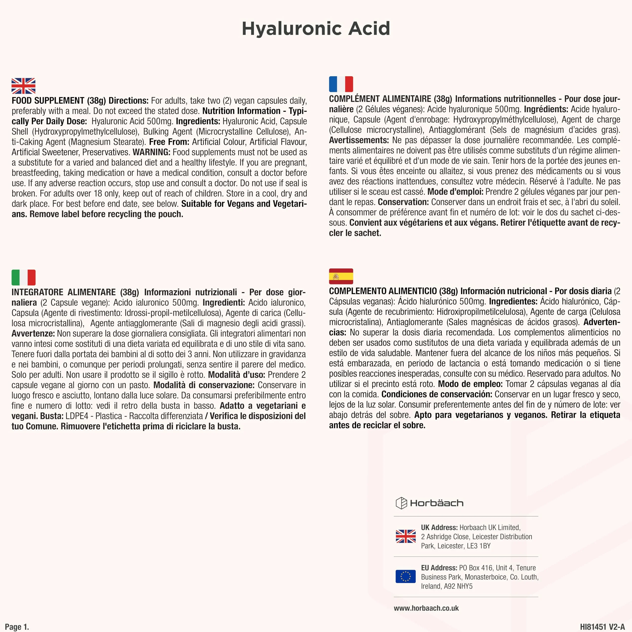 Horbaach Acido Ialuronico Compresse 500mg 90 Capsule Vegane Alto Dosaggio