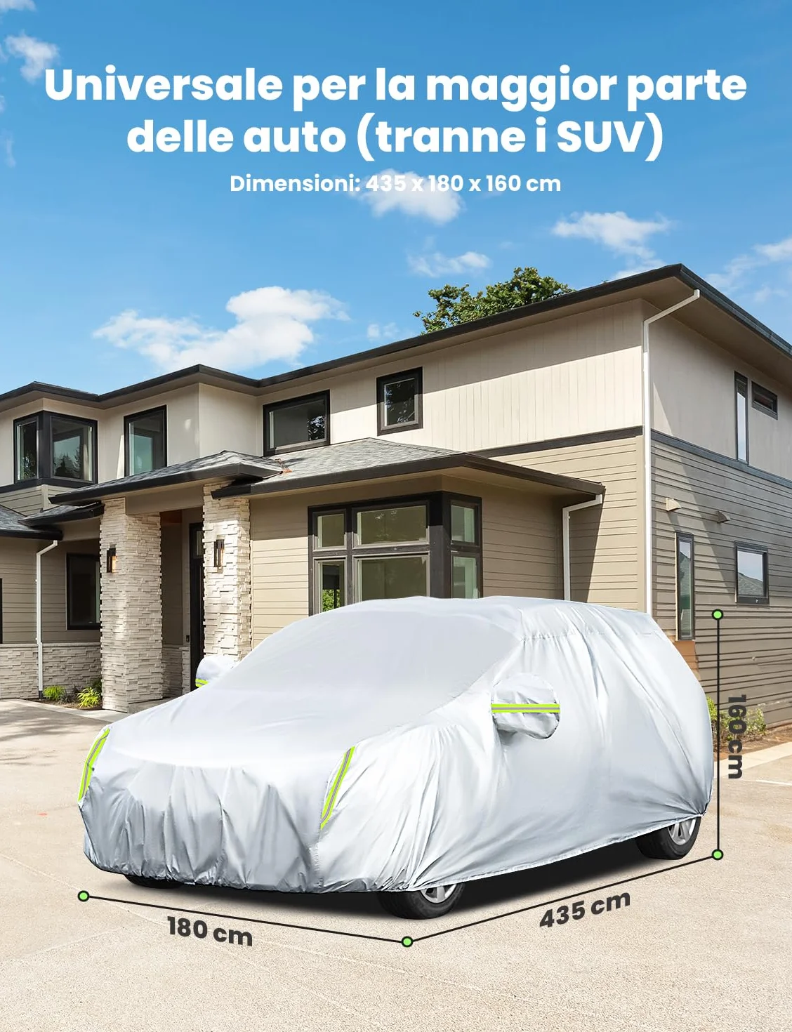 LOETAD Telo Copriauto, Felpato Impermeabile Antipolvere Anti UV Anti Vento 435 x 180 x 160cm Telo per Auto a 2 Volumi Universale Interno in Cotone - Argento