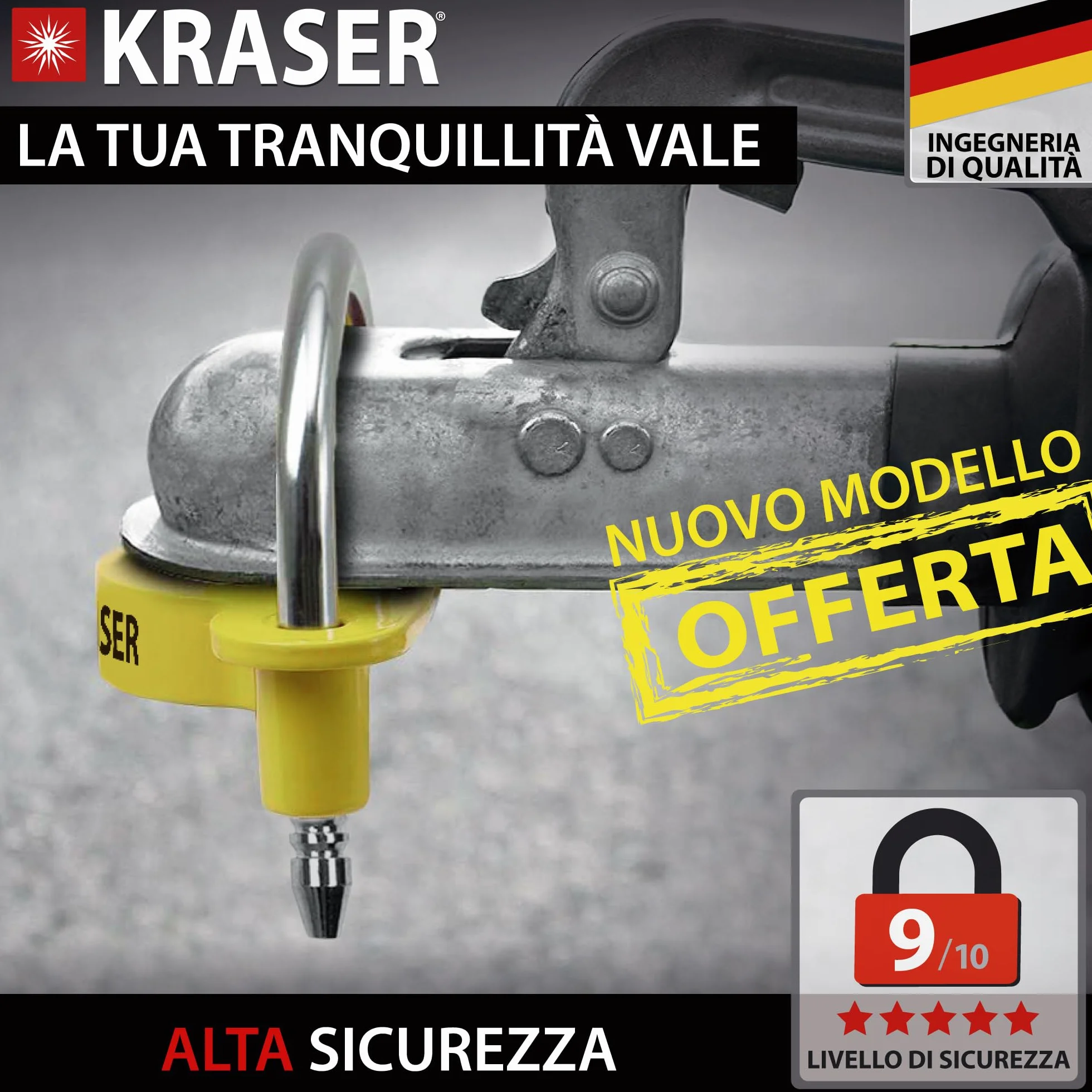 KRASER KR815 Antifurto Rimorchio Lucchetto per Traino Gancio di Traino Barra di Gancio Sfera Roulotte