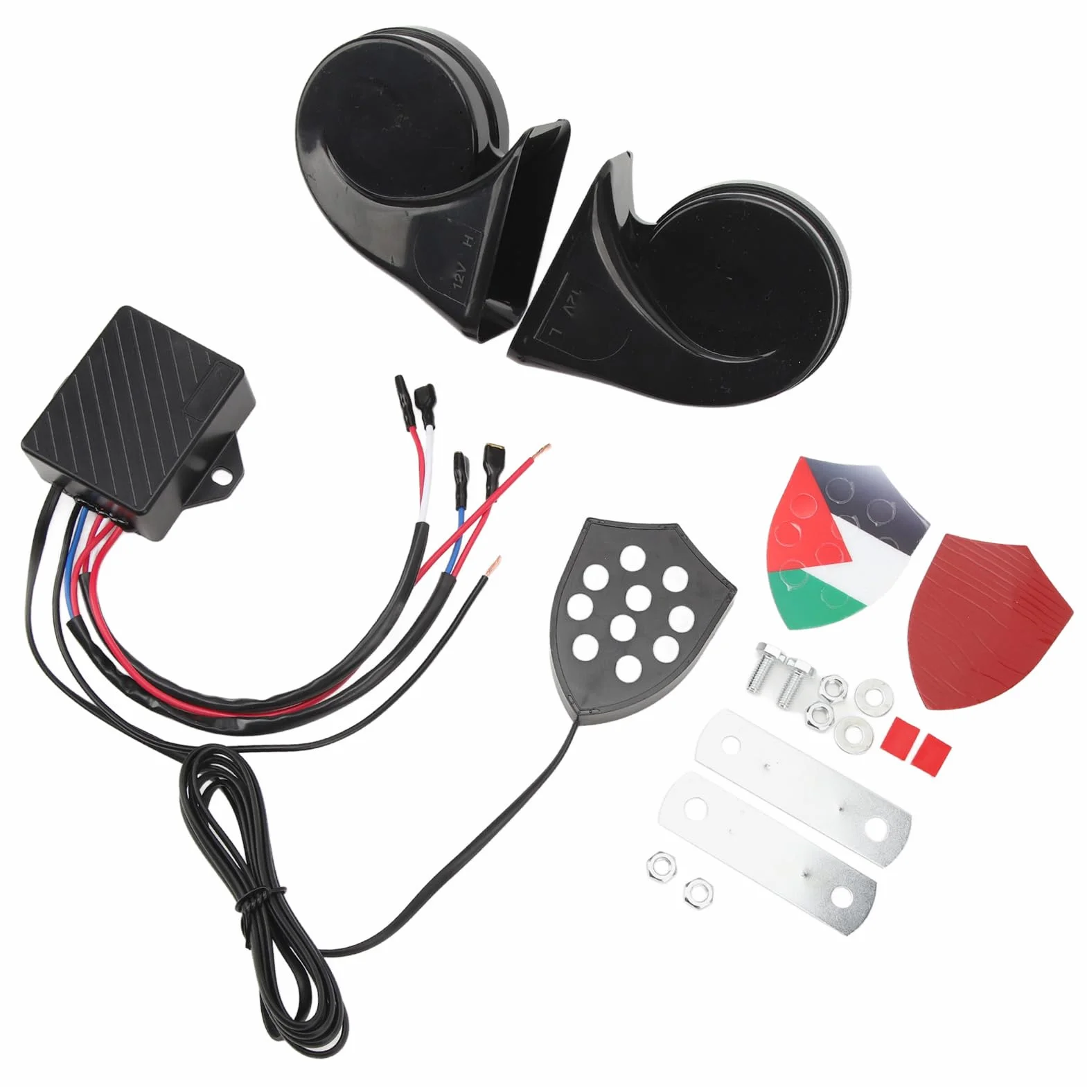 Aramox Clacson Elettronico, Clacson Auto 150dB con Telecomando Universale 12V, Compatibile Berline Camion SUV, Regolatore 10 Suoni Musicali, Modello YC102350-BK