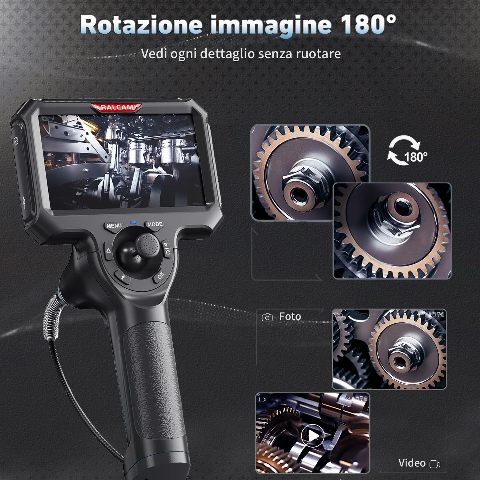 Ralcam Endoscopio 360° Orientabile con Display HD 5" 1280×720, Sonda 6,2 mm, Cavo 1,5 m, IP67 Impermeabile