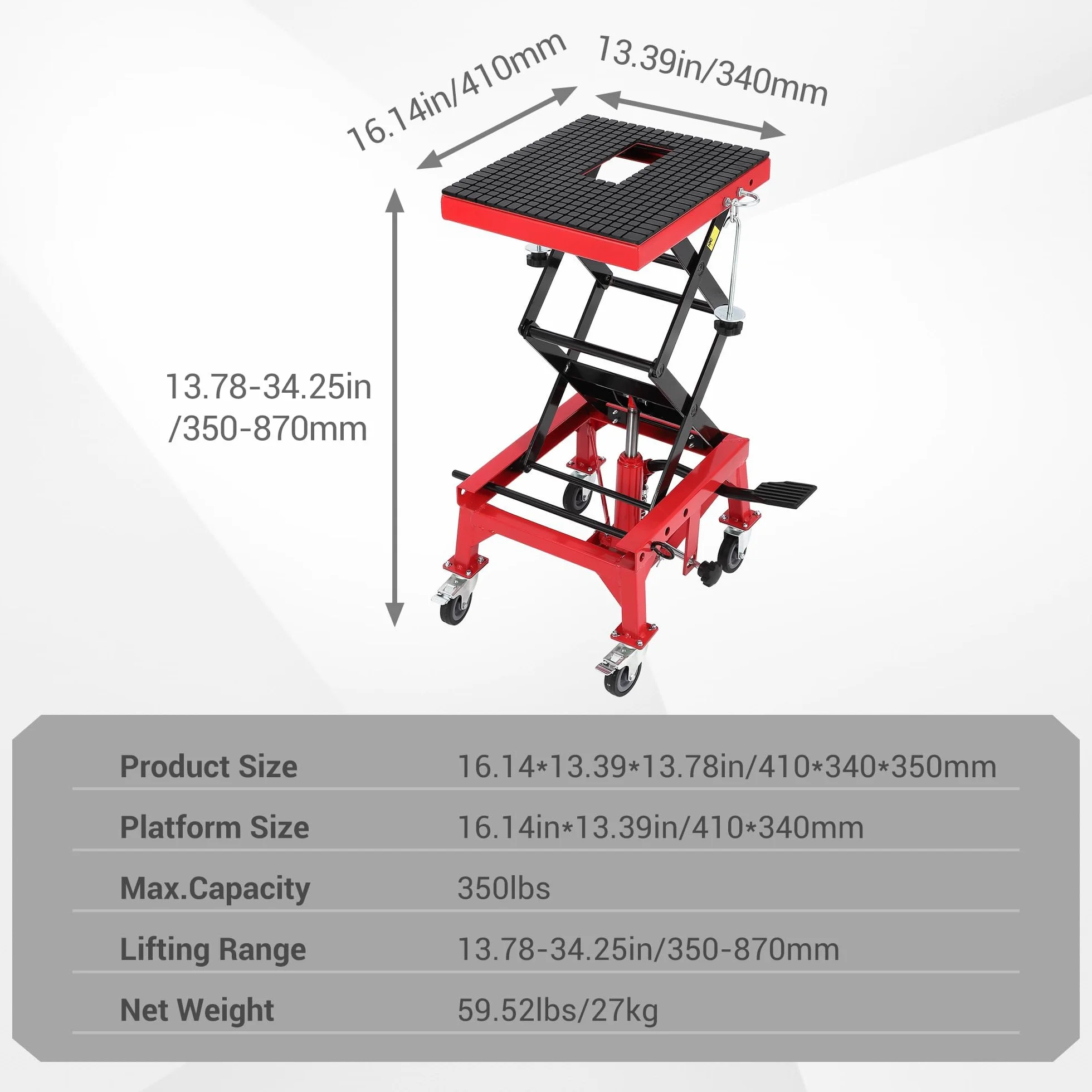 Sollevatore idraulico per moto 158,8 kg altezza sollevamento 35-87 cm pedana piattaforma ruote bloccaggio ATV