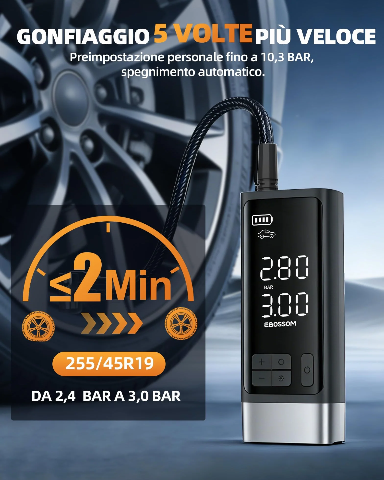 Compressore Aria Portatile Auto, Compressore 10,3Bar, Pompa D'aria Multifunzione a Motore Bicilindrico Con 2500 mAh, Kit Di Emergenza per Veicoli Grandi, Pick-up, Motori. Con Illuminazione Led