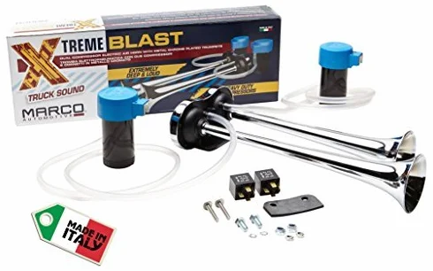 MARCO XB2 Clacson Elettrico Xtreme Blast 12V (qualità italiana, resistente, estremamente rumoroso. Doppio compressore. clacson con trombe cromate. 120 dB)