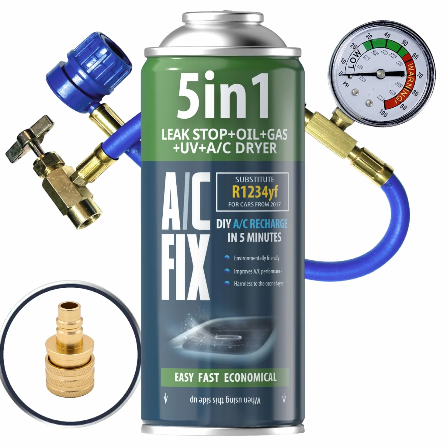 AC FIX 5-in-1 – R1234yf + Tubo flessibile + Adattatore Refrigerante per climatizzatori auto con olio, sigillante, colorante UV, essiccante – Protegge il compressore