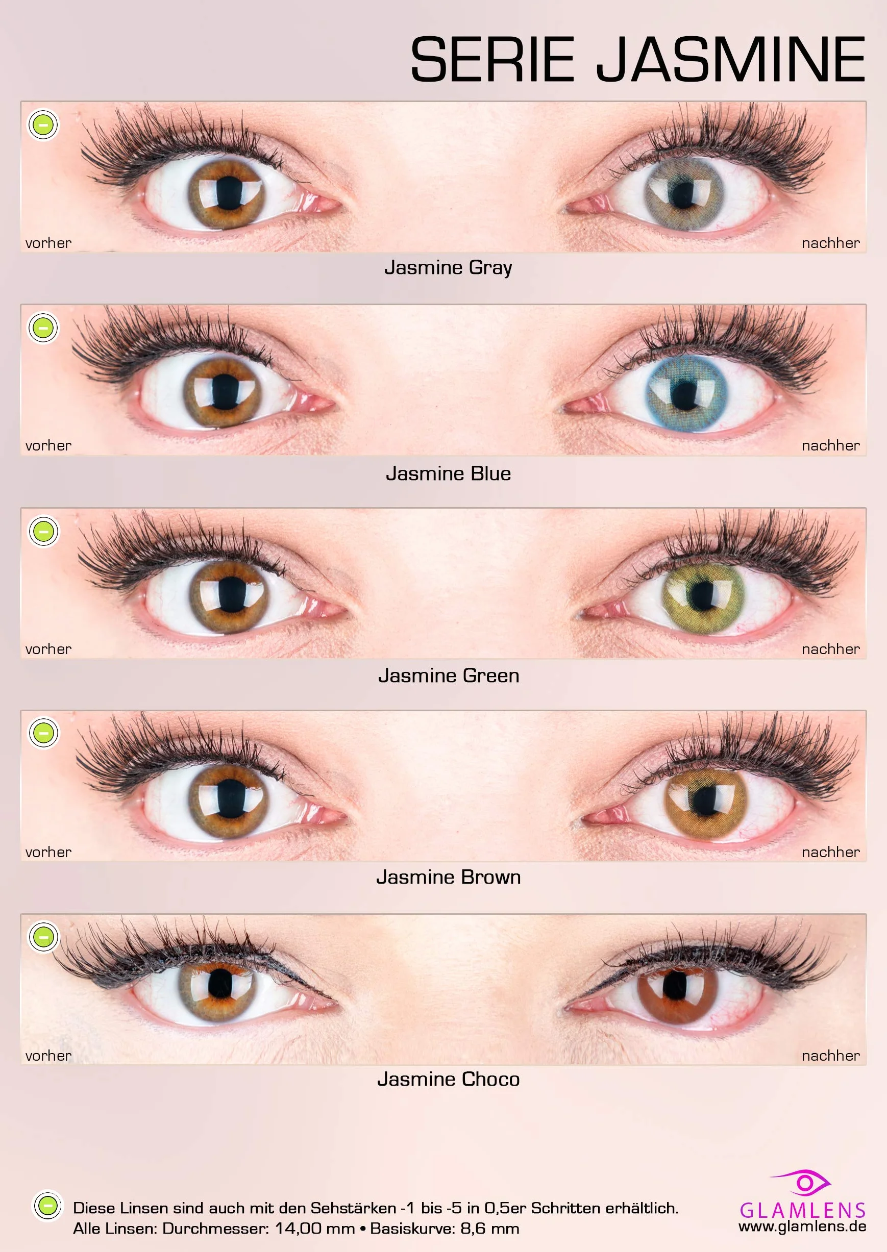 GLAMLENS Lenti a Contatto Colorate Jasmin Blue - Mensili, Blu Naturali, Silicone Idrogel, 2 Pezzi, DIA 14.0, 0.00 Diottrie