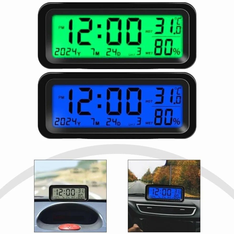 Mini orologio digitale per auto solare 8x3x3,5 cm data temperatura cruscotto blu verde