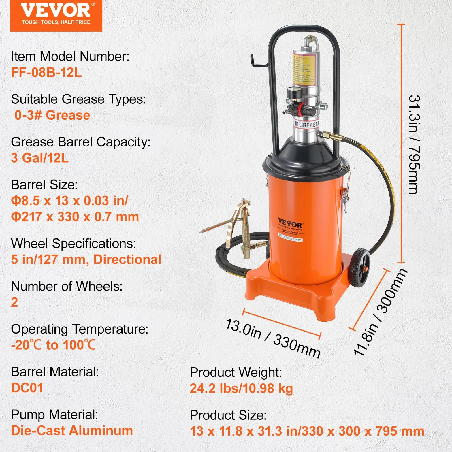 VEVOR Pompa per Grasso Pneumatica Rapporto Pressione 50:1 Pompa per Secchio per Grasso Pneumatica 12 Litri Pistola per Grasso Pompa Grasso Portatile Ruote Tubo 4m Ugello a 360° Raccordo NPT Standard