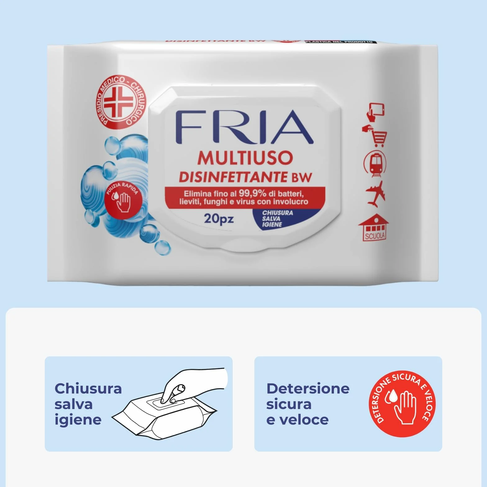 Fria Multiuso Disinfettante BW Salviette 20 Pezzi Presidio Medico Chirurgico