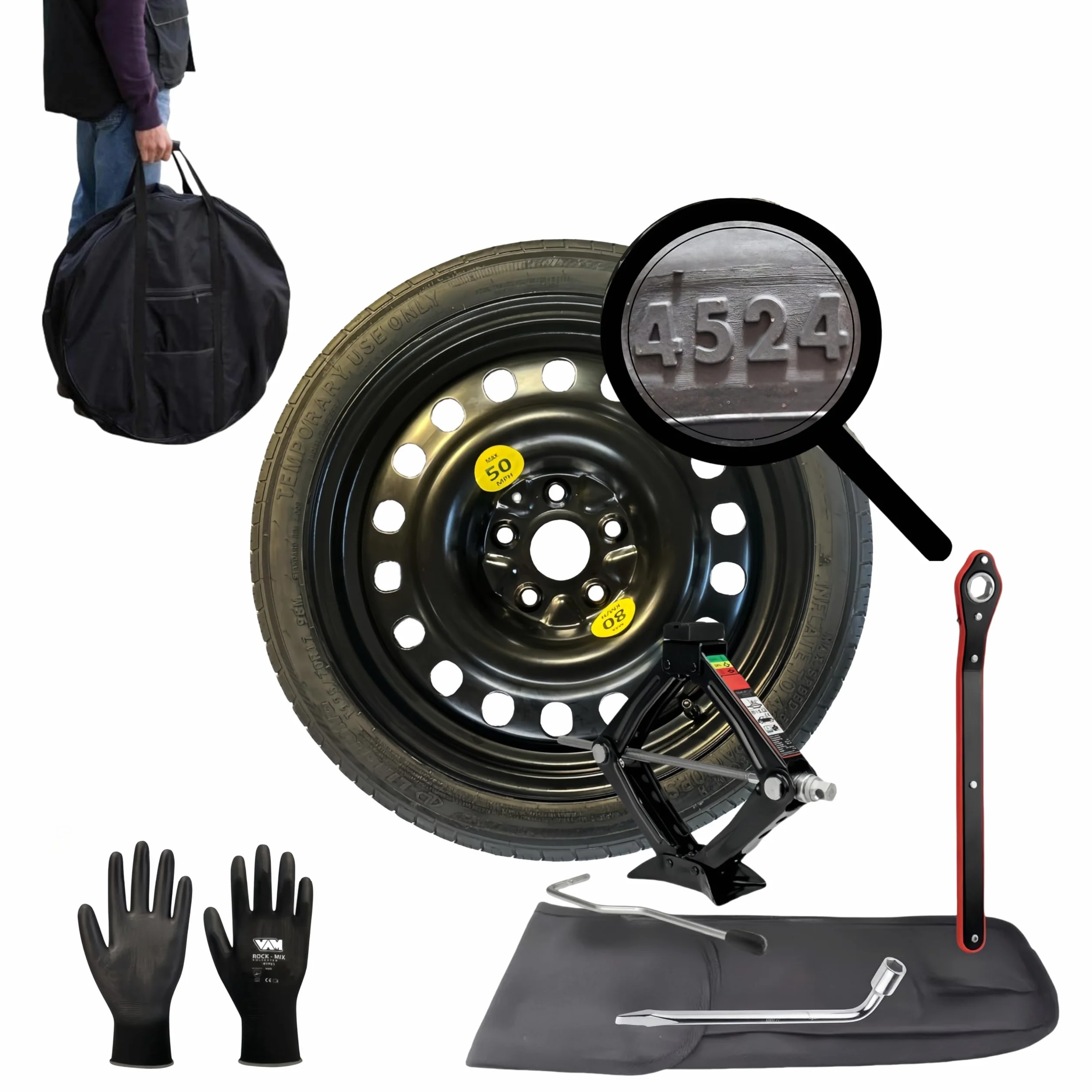 Kit Ruotino di Scorta 17" compatibile Vw Golf Cric Chiave Sacca