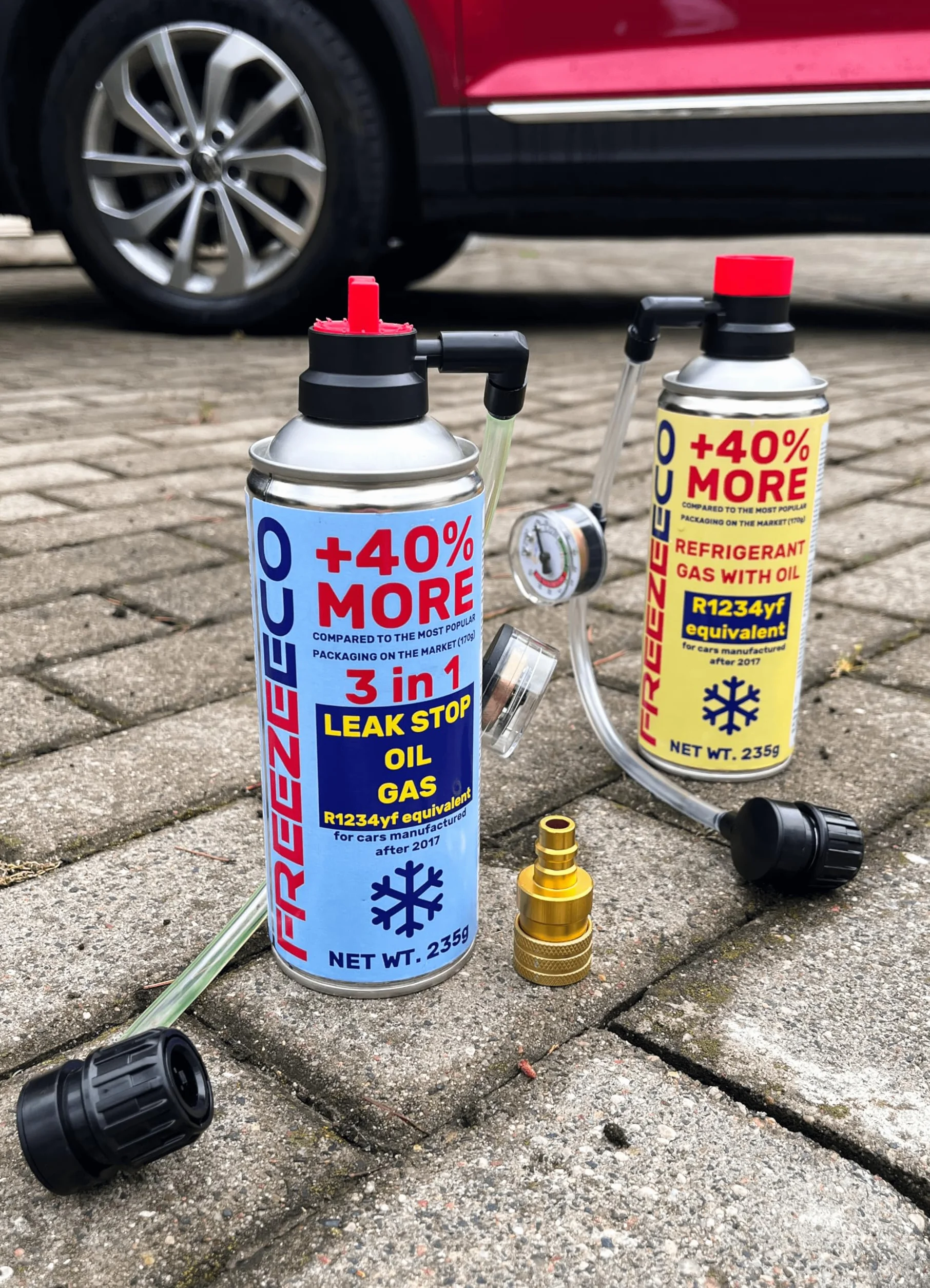 sostitutivo gas r1234yf, kit ricarica, ricarica aria condizionata auto, FREEZEECO 3in1 HOBBY con tubo flessibile integrato con manometro e adattatore