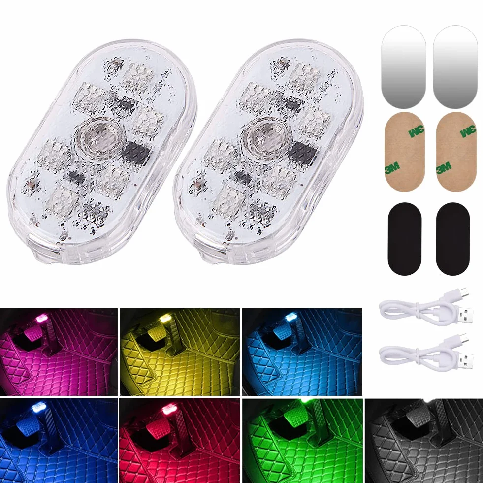 LED Luci per Auto Interni 2 Pezzi 7 Colori RGB USB Ricaricabile con Interruttore Tattile
