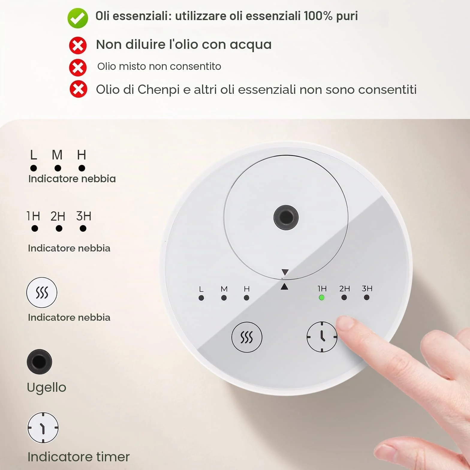 Nebulizzatore di oli essenziali, diffusore di aromi per casa auto ufficio, batteria USB, modalità 1/2/3H
