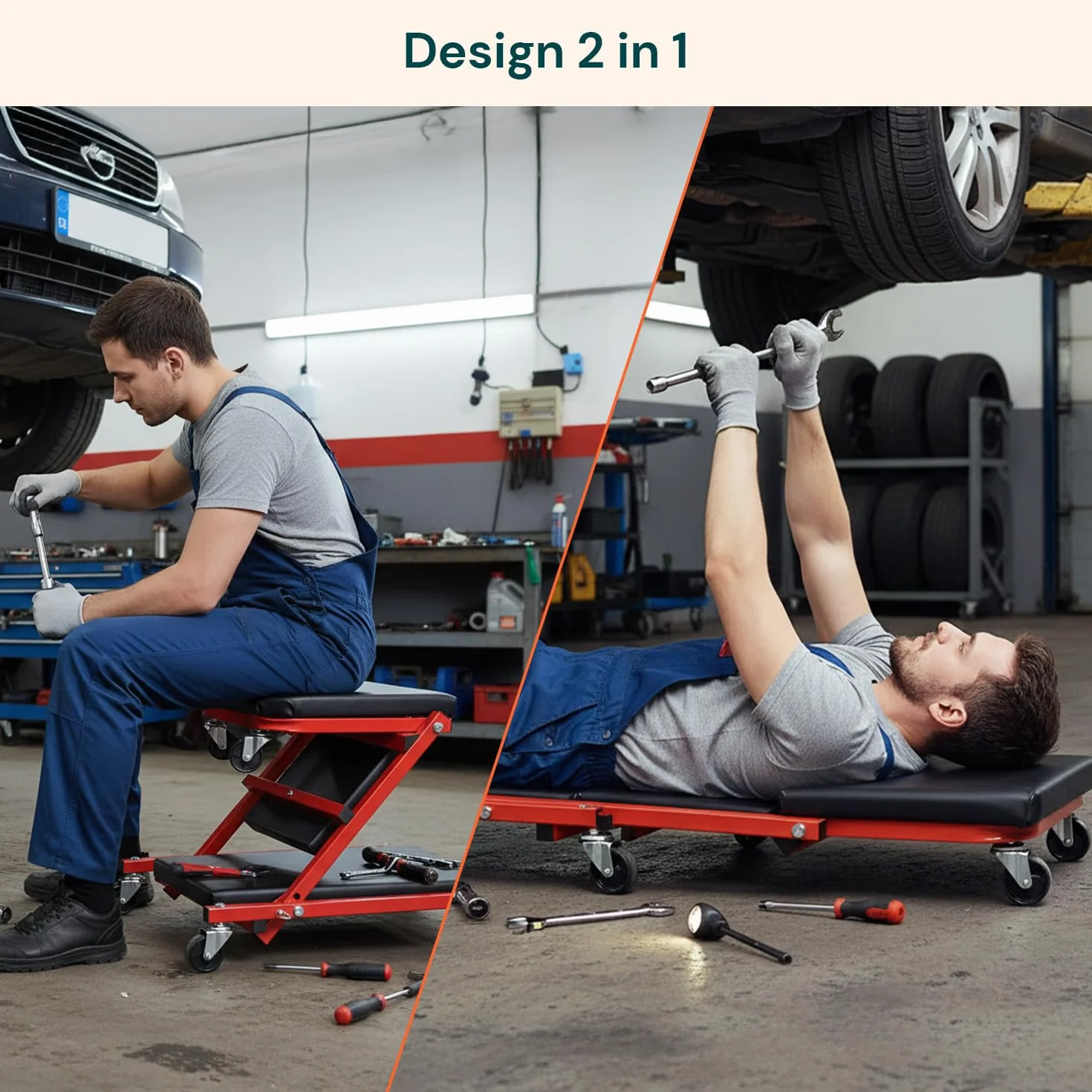 Avilia - Sgabello Officina 2 in 1 Trasformabile in Lettino Meccanico con 6 Ruote Girevoli, Struttura Robusta in Acciaio, Uso Ergonomico per Lavoro in Garage e Manutenzione Auto