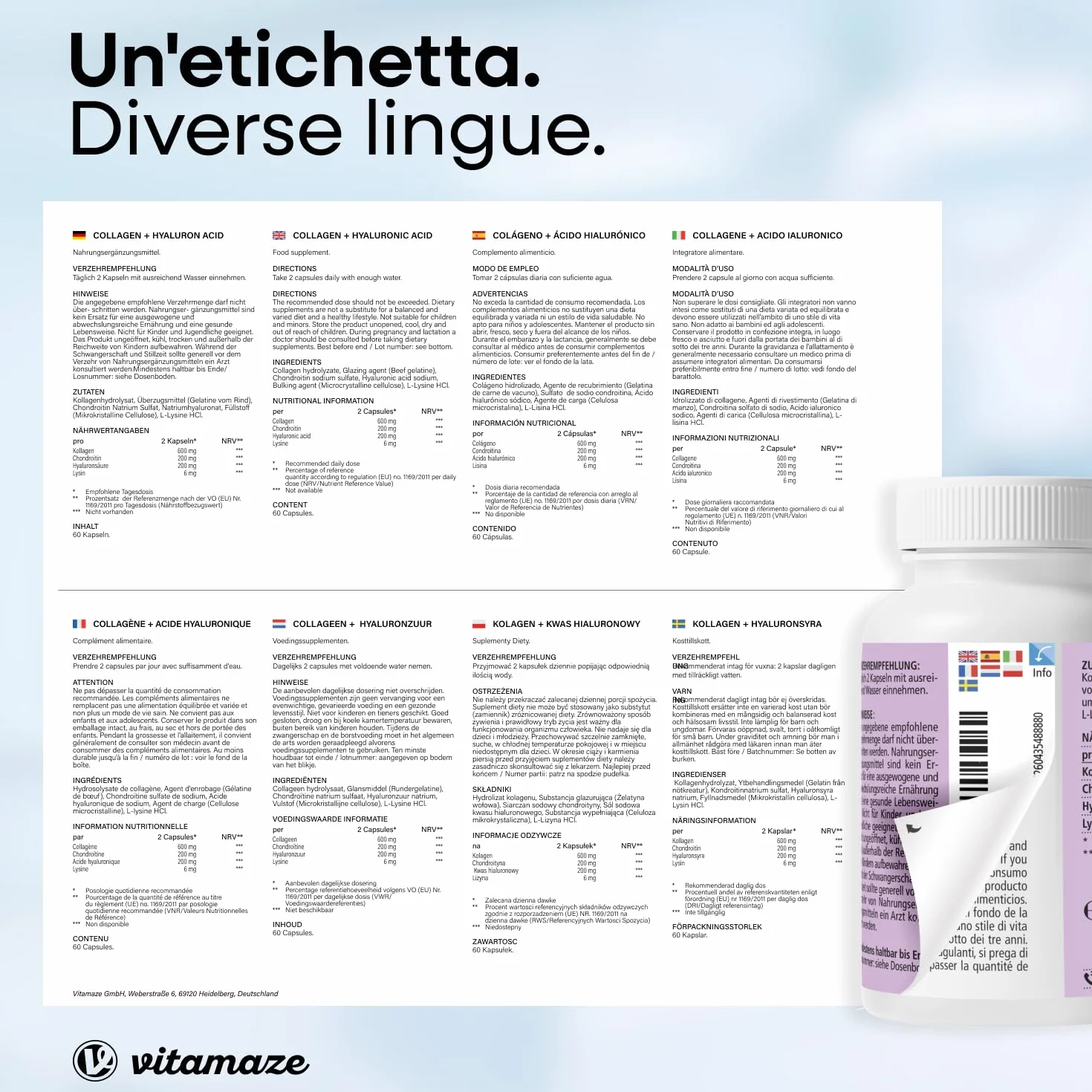 Vitamaze® Collagene con Acido Ialuronico + Condroitina + Lisina, 60 Capsule, Integratore per Pelle, Ossa e Articolazioni