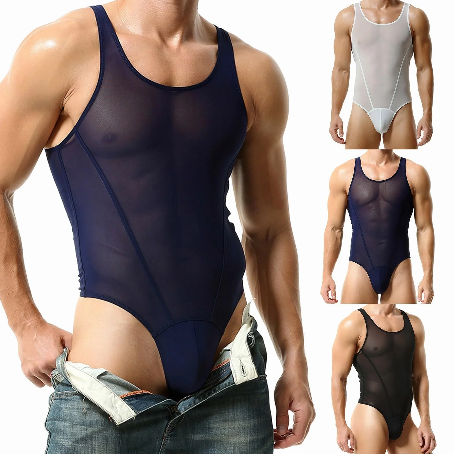Body sexy da uomo in rete trasparente scollo rotondo taglia unica con perizoma