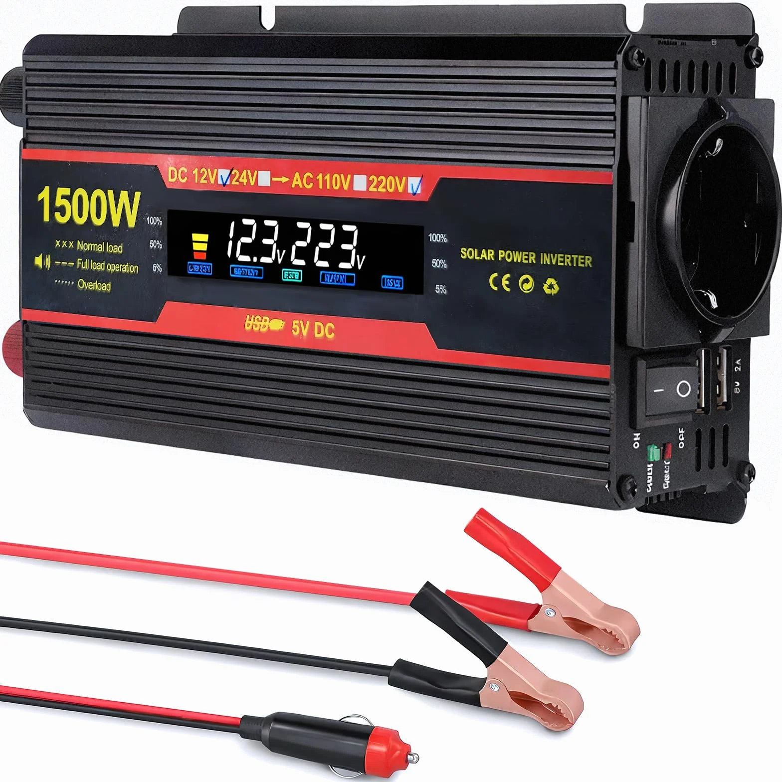 Convertitore di Tensione 1500W 12V 220V con 2 Porte USB per Auto Camper