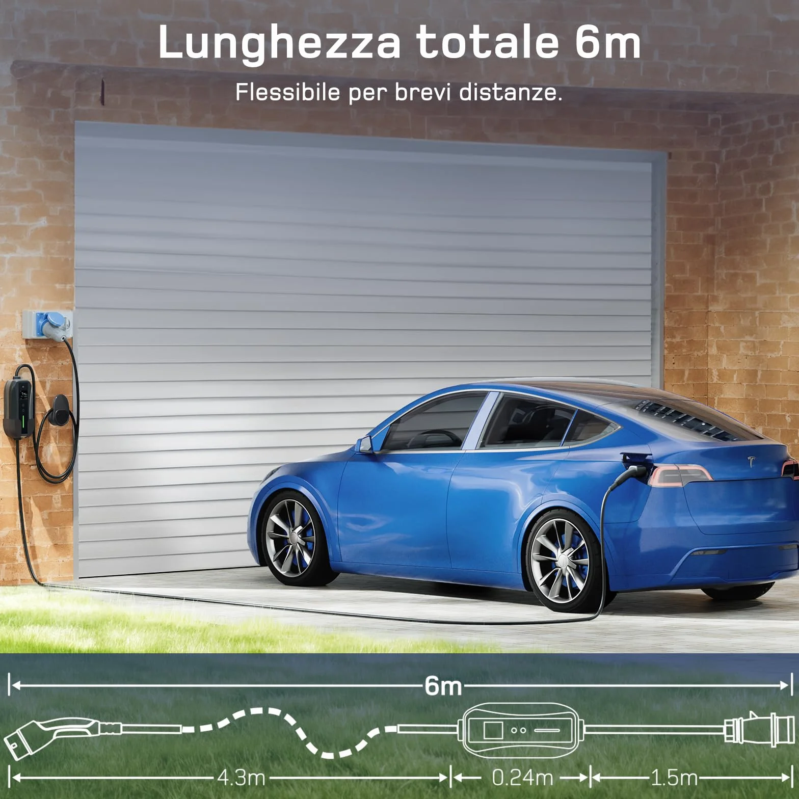 Cavo Ricarica Auto Elettrica Tipo 2 CEE 7,4kW 6m 6-32A Caricatore EV con Adattatore Schuko Compatibile Model Y/3