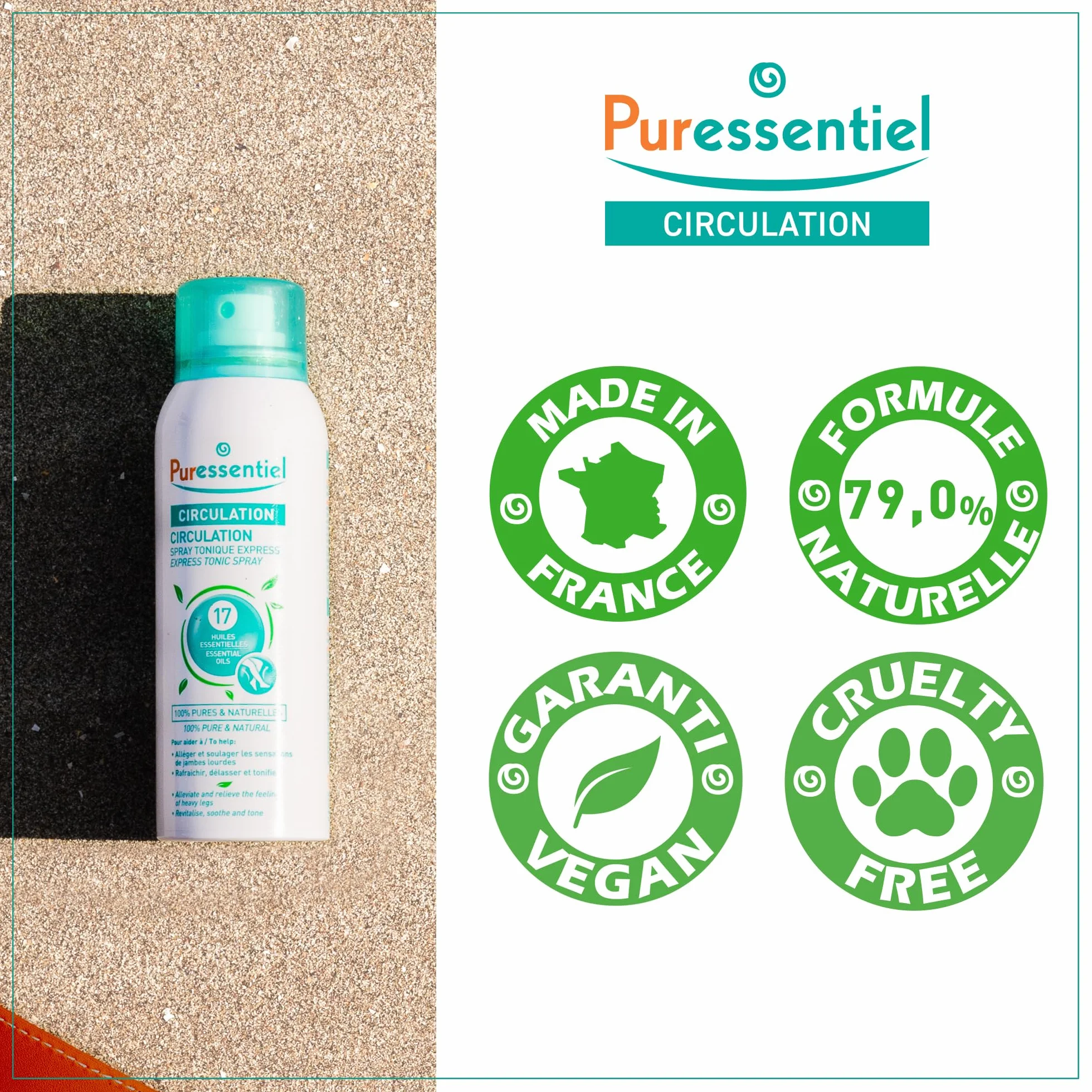Puressentiel Circolazione Spray Tonico Express 17 Oli Essenziali mentolo naturale gambe pesanti 100 ml
