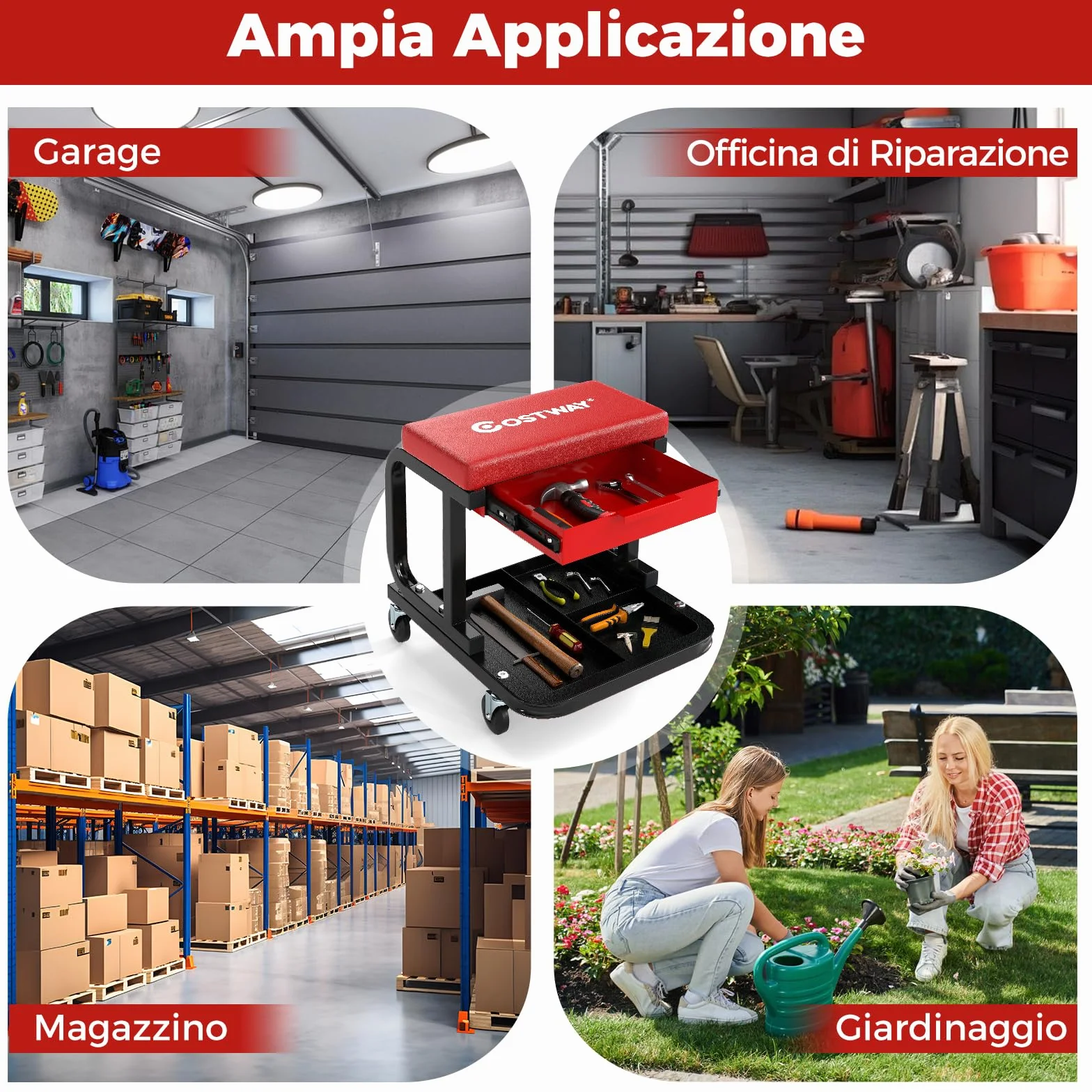 COSTWAY Sgabello da Officina con Ruote, Sedia Meccanico Imbottita, Cassetto e Vassoio, 185 kg, Rosso