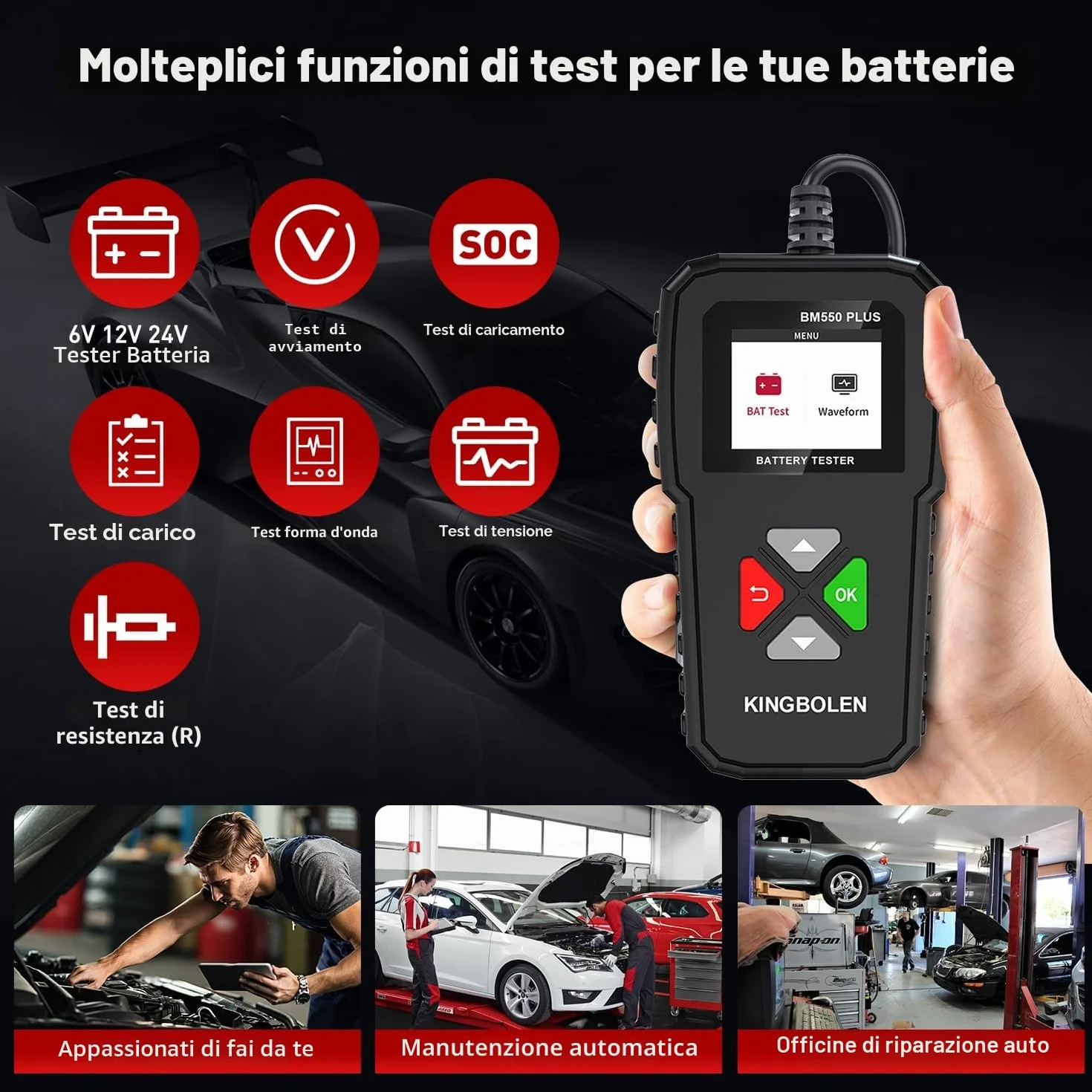 KINGBOLEN BM550 PLUS Tester Batteria 6V 12V 24V Con Display LED, 100-2000CCA 2-220Ah Analizzatore Digitale per Auto, Camion, Marina, Moto