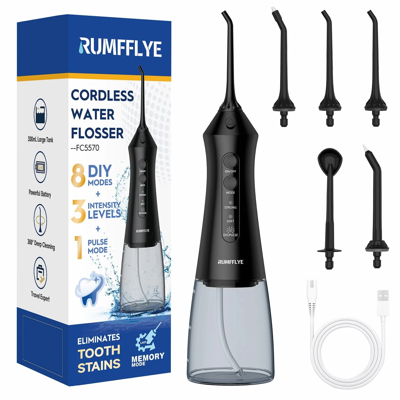 Idropulsore Dentale Portatile Irrigatore Orale Professionale Water Flosser 12 Modalità 300ML Ricaricabile Impermeabile IPX7 Nero