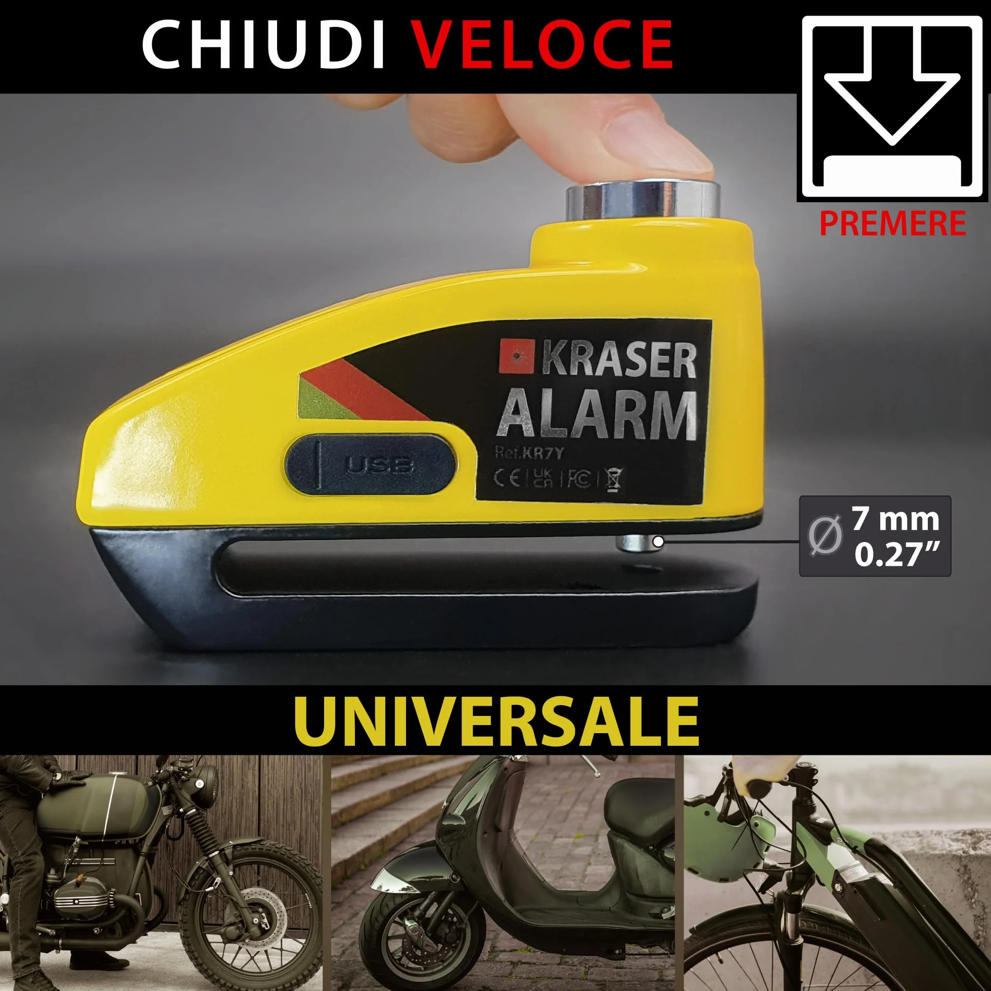 KRASER KR7Y Antifurto Moto Blocca Disco con Allarme 110dB, USB Batteria Ricaricabile, Sensori Movimento, Impermeabile Resistente Visibile, Blocco Veloce, Lucchetto Bloccadisco Sonoro 7mm Universale
