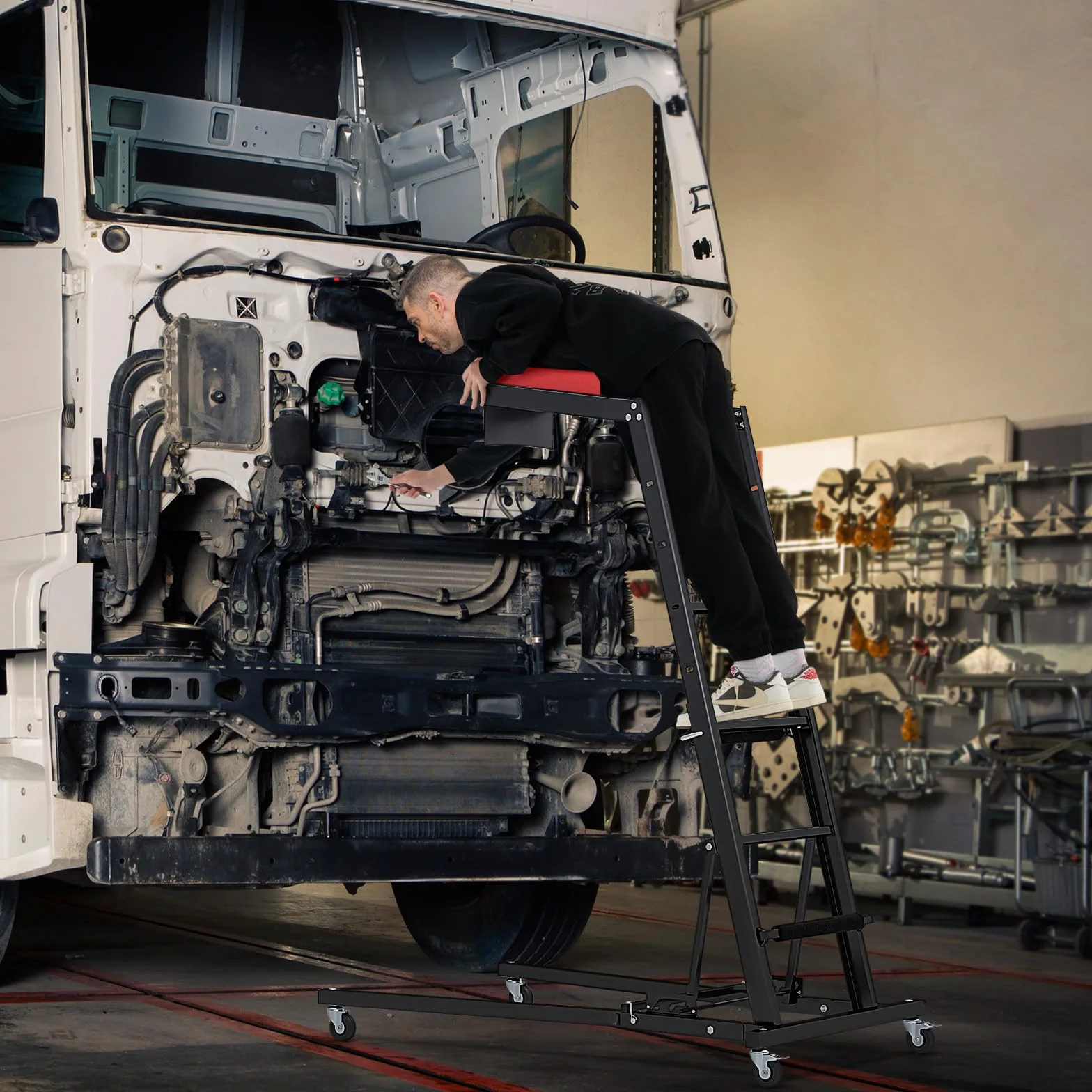 GYMAX Creeper Superiore Automobilistico z Regulowaną Wysokością 5-Poziomową, Kątem 3-Biegowym, 4 Kołami, Składany do Garażu