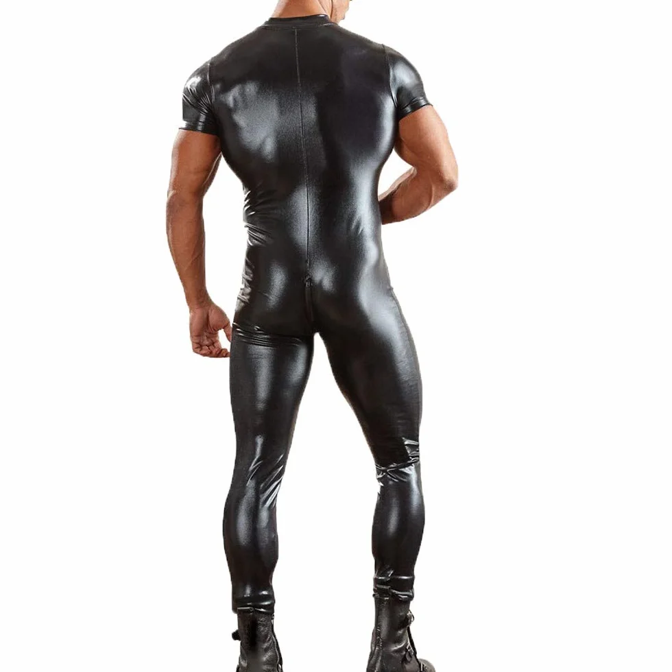 Lattice Catsuit Uomo Tuta in Stile Bagnato Slim Fit Lucido Sexy Pelle Abbigliamento Muscolare Clubwear