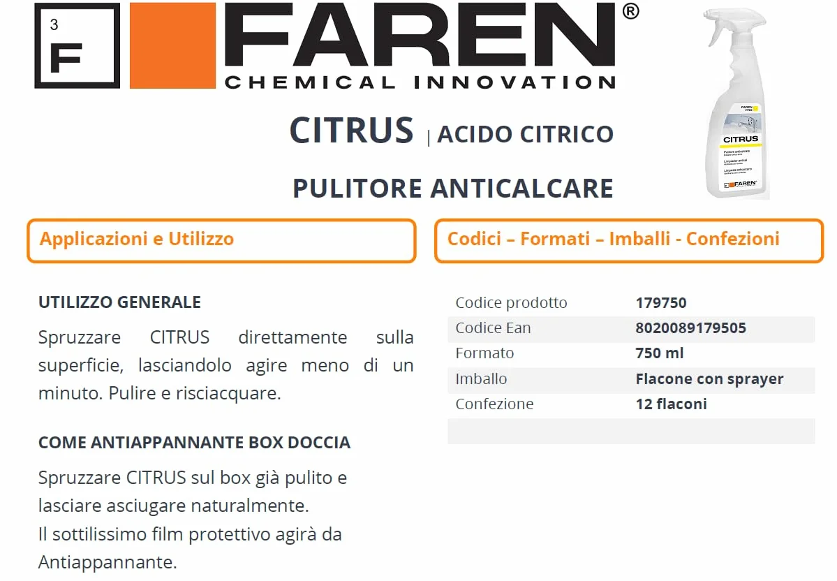 Faren CITRUS Pulitore Anticalcare Acido Citrico 750ml