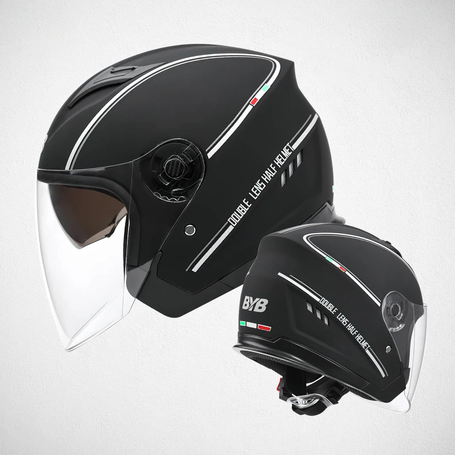 Casco Semiaperto Adulto con Doppia Visiera, Casco Moto Demi-Jet Moto Cross Casco Scooter Caschi Motorino Vintage, Piloto Urbano Helm