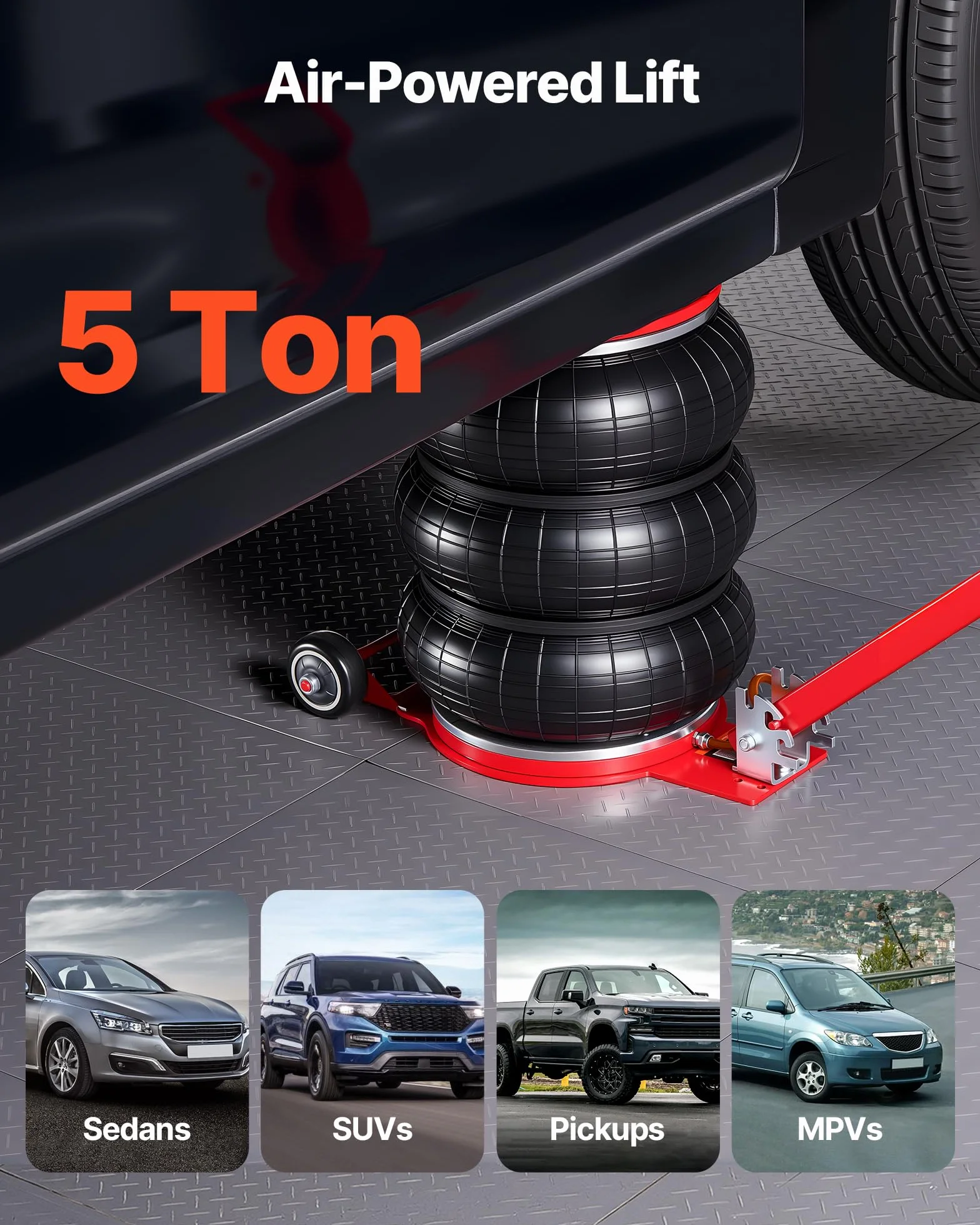 VEVOR Cric Pneumatico per Auto da 5 Tonnellate con 6 Tubi in Acciaio e Manico Lungo Regolabile, Altezza di Sollevamento da 140 a 464 mm, Sollevamento Rapido, Cric Pneumatico per Auto, SUV