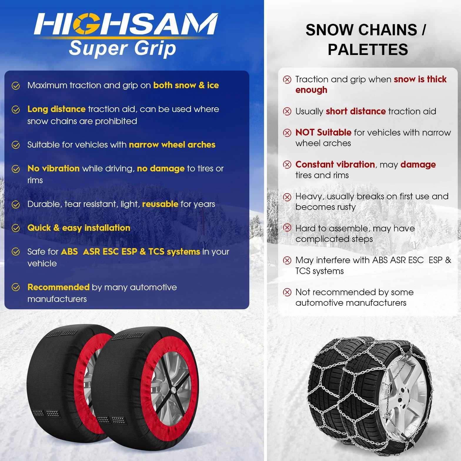Calze da Neve Omologate Italia EN 16662-1,Catene da neve tessili omologate e ad alta sicurezza - Kit di 2 catene per auto + guanti (Rosso Nero, XL)