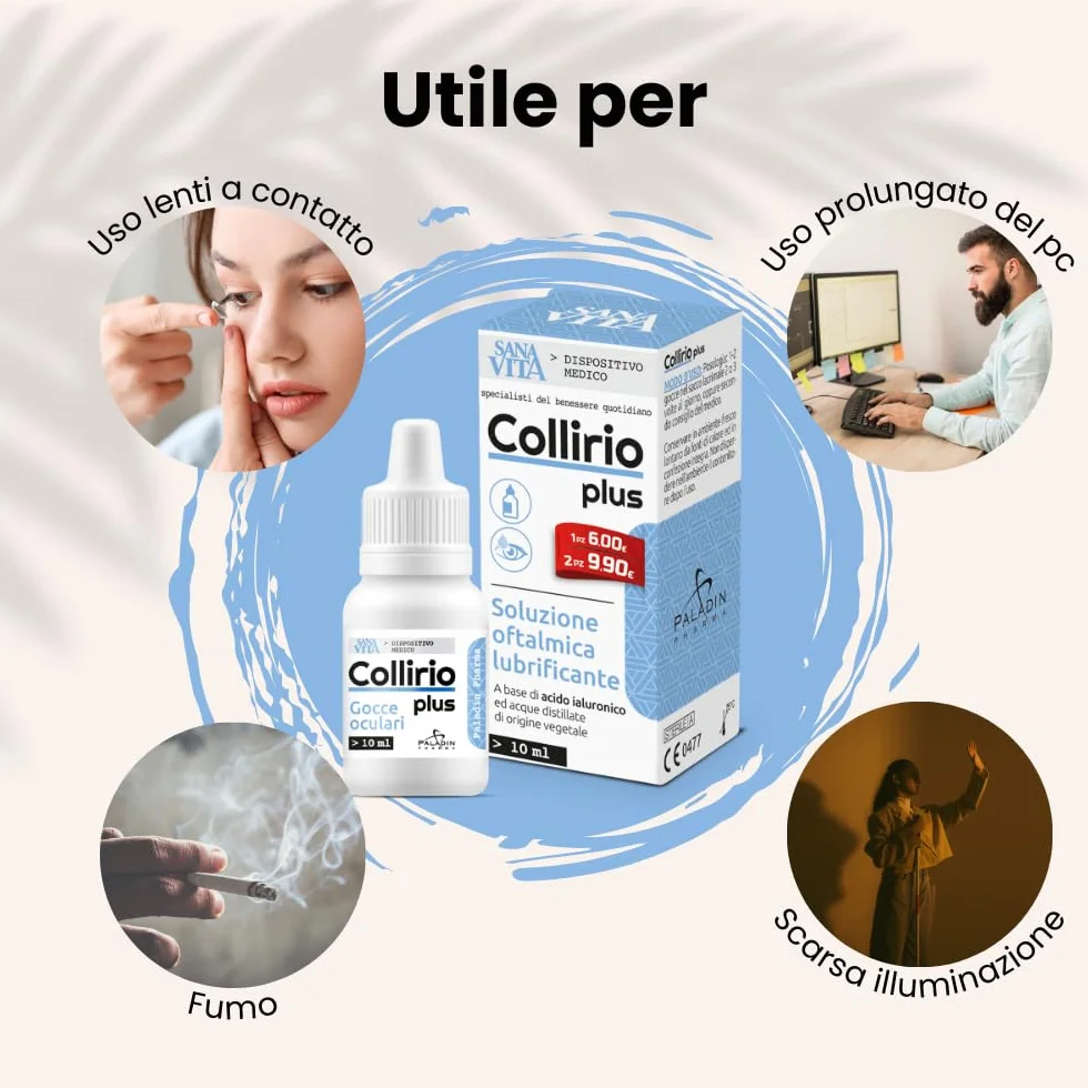Sanavita Collirio Plus Soluzione Oftalmica Lubrificante 0,4% Acido Ialuronico Dispositivo Medico CE Flacone Multidose 10 ml