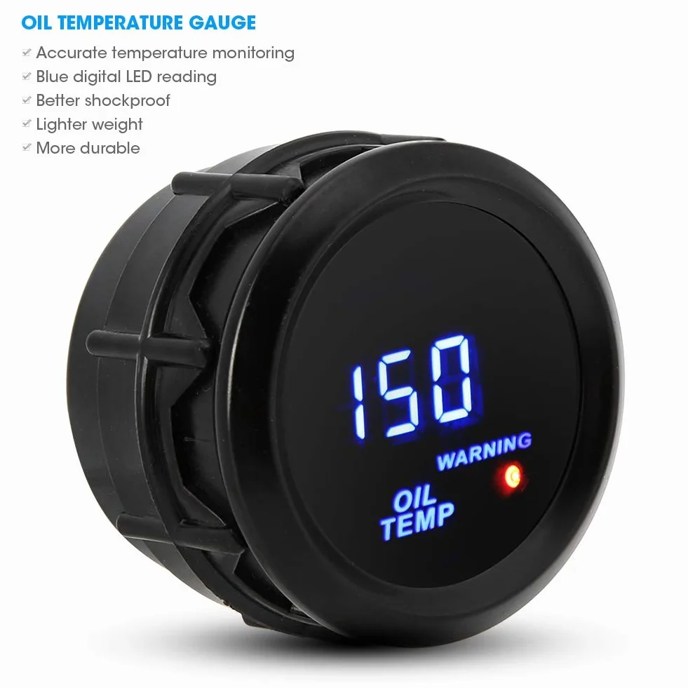 Indicatore di temperatura olio, 52mm Termometro olio con sensore 40~150 ℃ Indicatore di temperatura LED blu Display digitale Indicatore di pressione olio digitale per auto