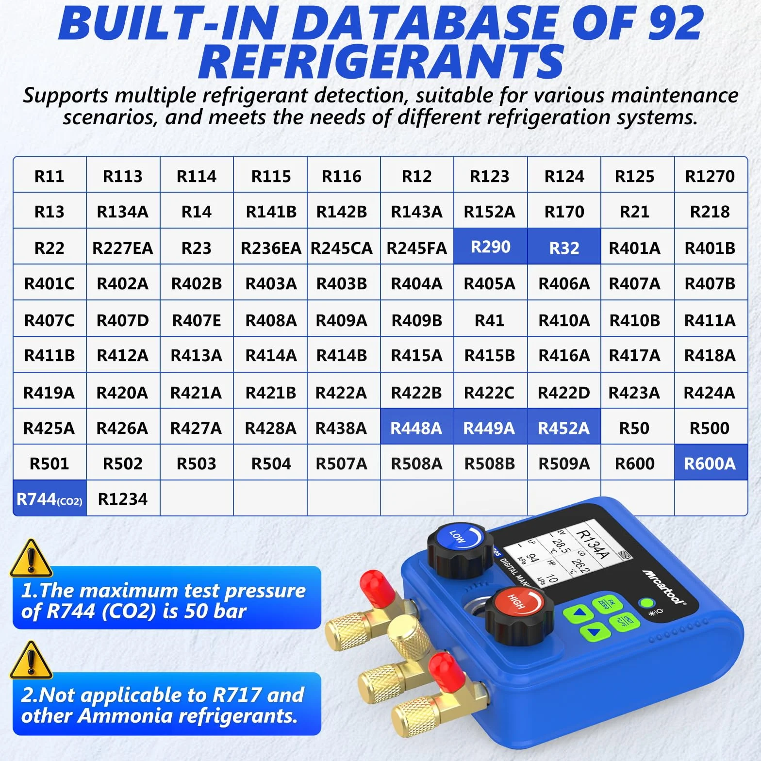 MRCARTOL Kältemittel Distributore digitale per climatizzatori 92 refrigeranti display HVAC R134A R32 R410A