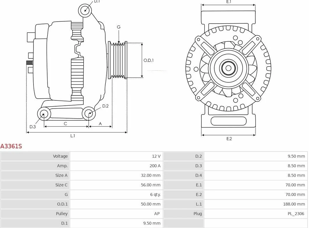AS-PL Alternatore A3361S 200A Compatibilità MERCEDES-BENZ SPRINTER VITO Classe C W205 Classe E W212 Classe V W447 GLC X253